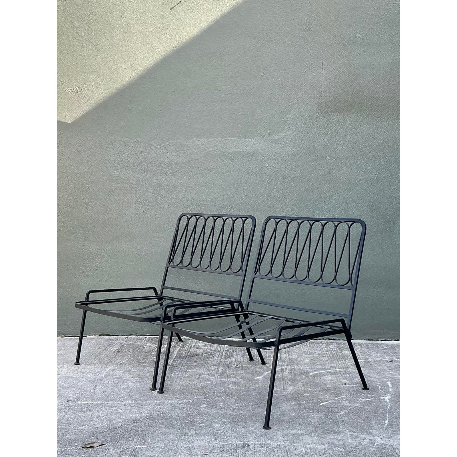Vintage MCM Salterini Ribbon Wrought Iron Lounge Chairs - A Pair - Back view