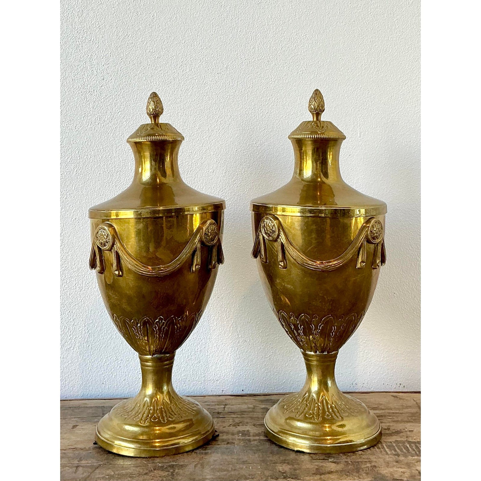 Vintage Swag Brass Lidded Urns - A Pair - Detail view