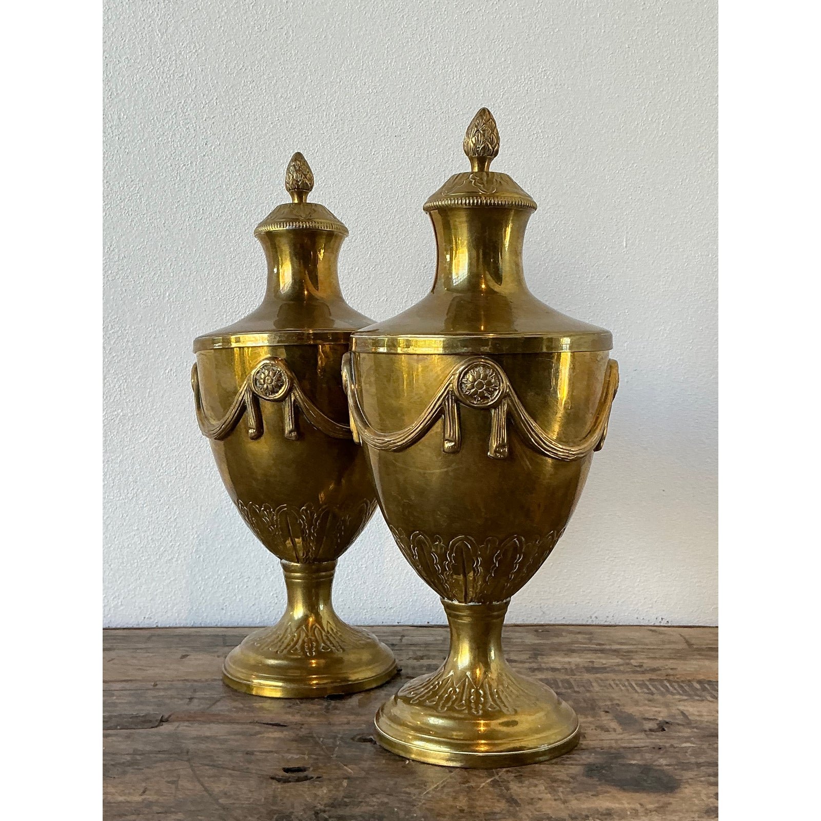 Vintage Swag Brass Lidded Urns - A Pair - Side view
