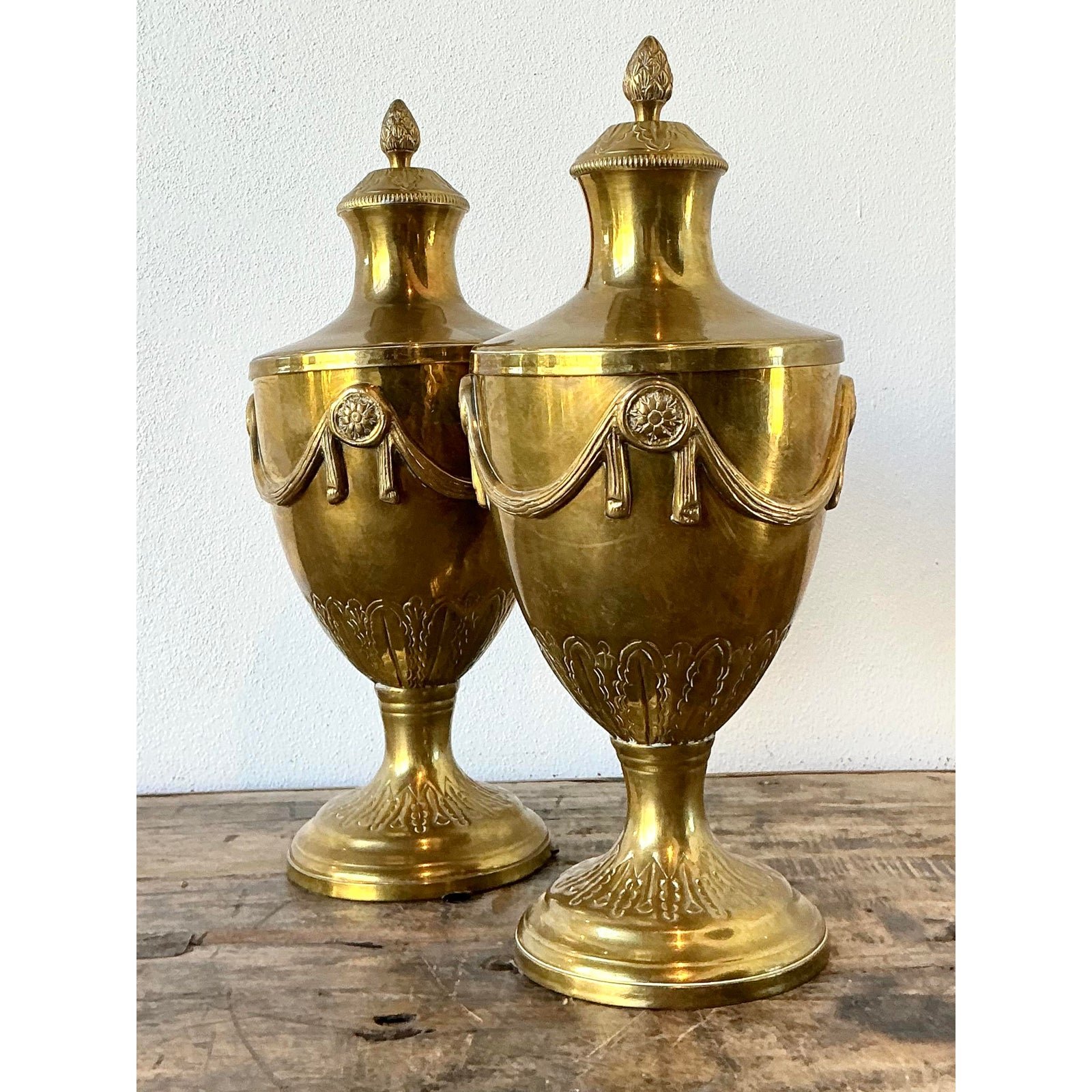 Vintage Swag Brass Lidded Urns - A Pair - Back view
