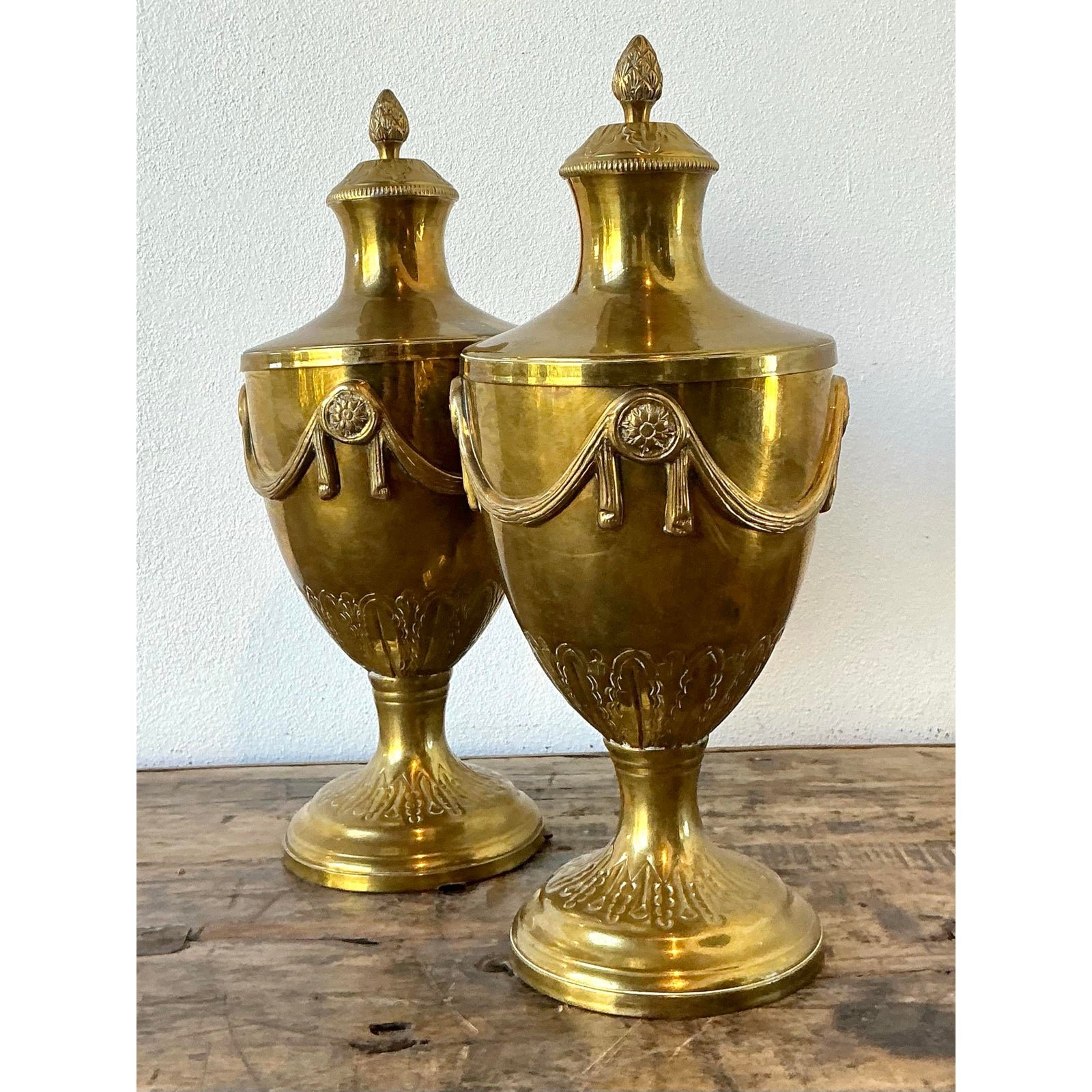Vintage Swag Brass Lidded Urns - A Pair - Top view