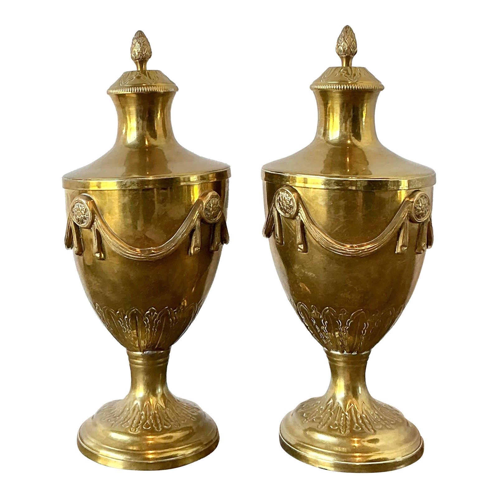 Vintage Swag Brass Lidded Urns - A Pair