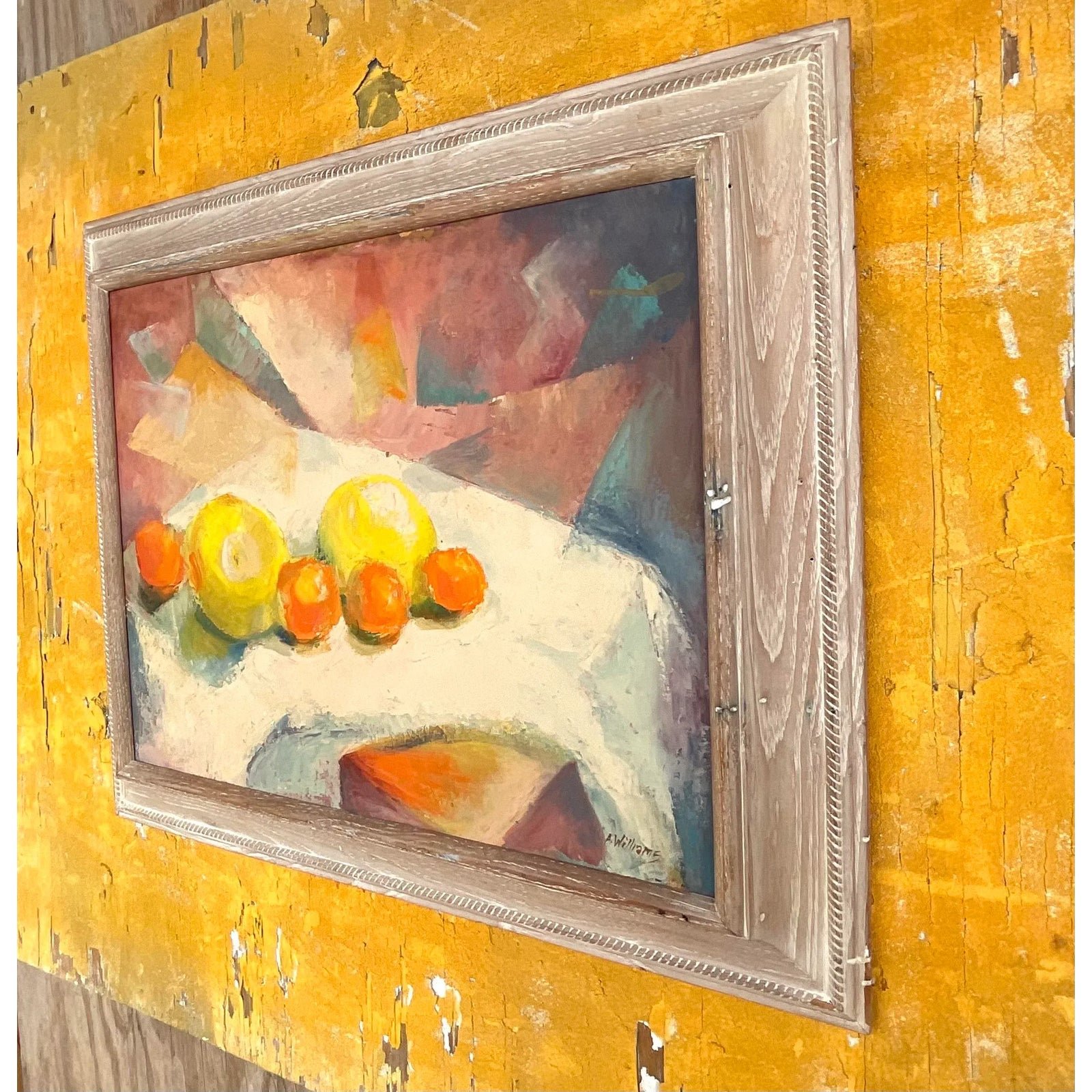 Vintage Boho Original Geometric Still Life Oil on Canvas - Back view
