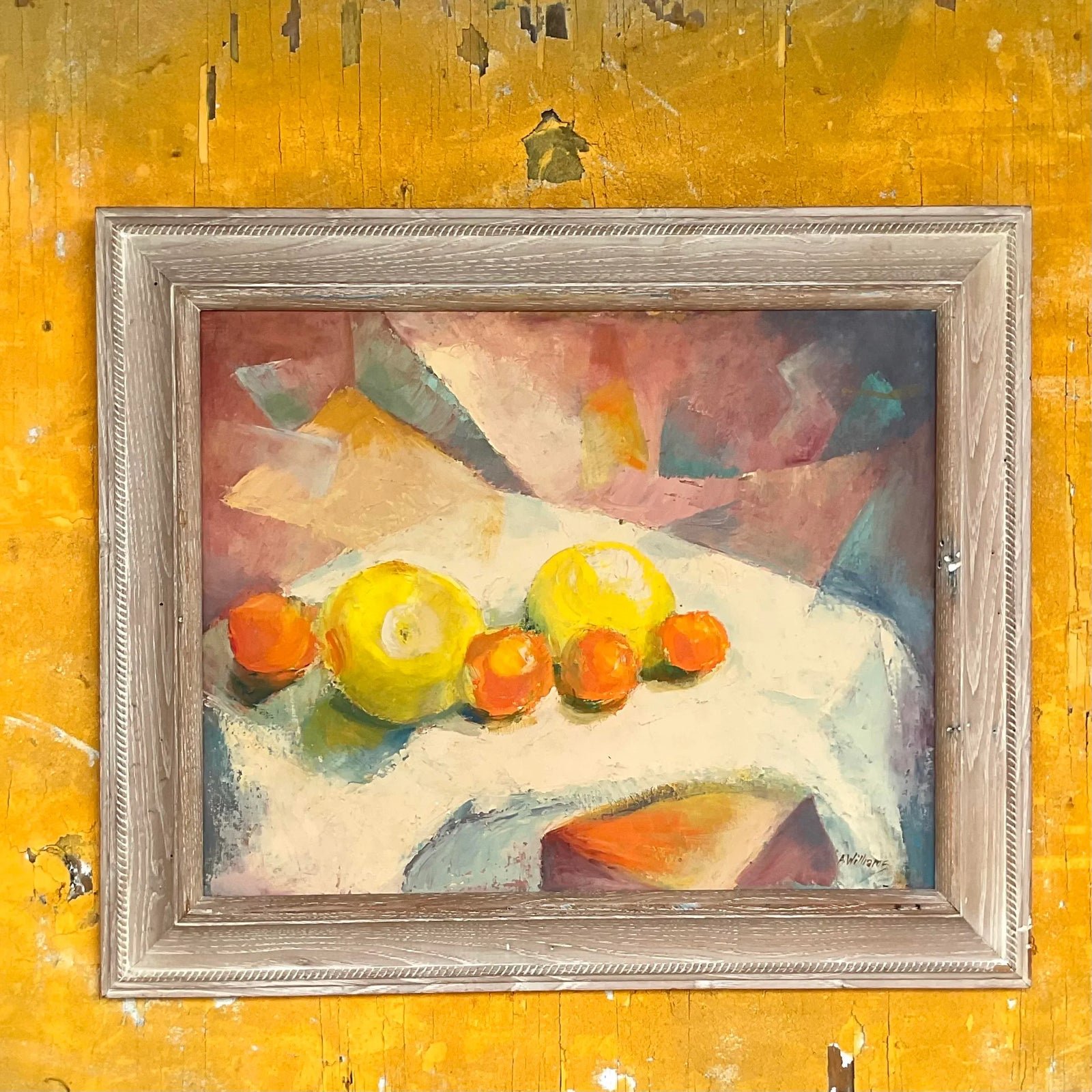 Vintage Boho Original Geometric Still Life Oil on Canvas - Detail view