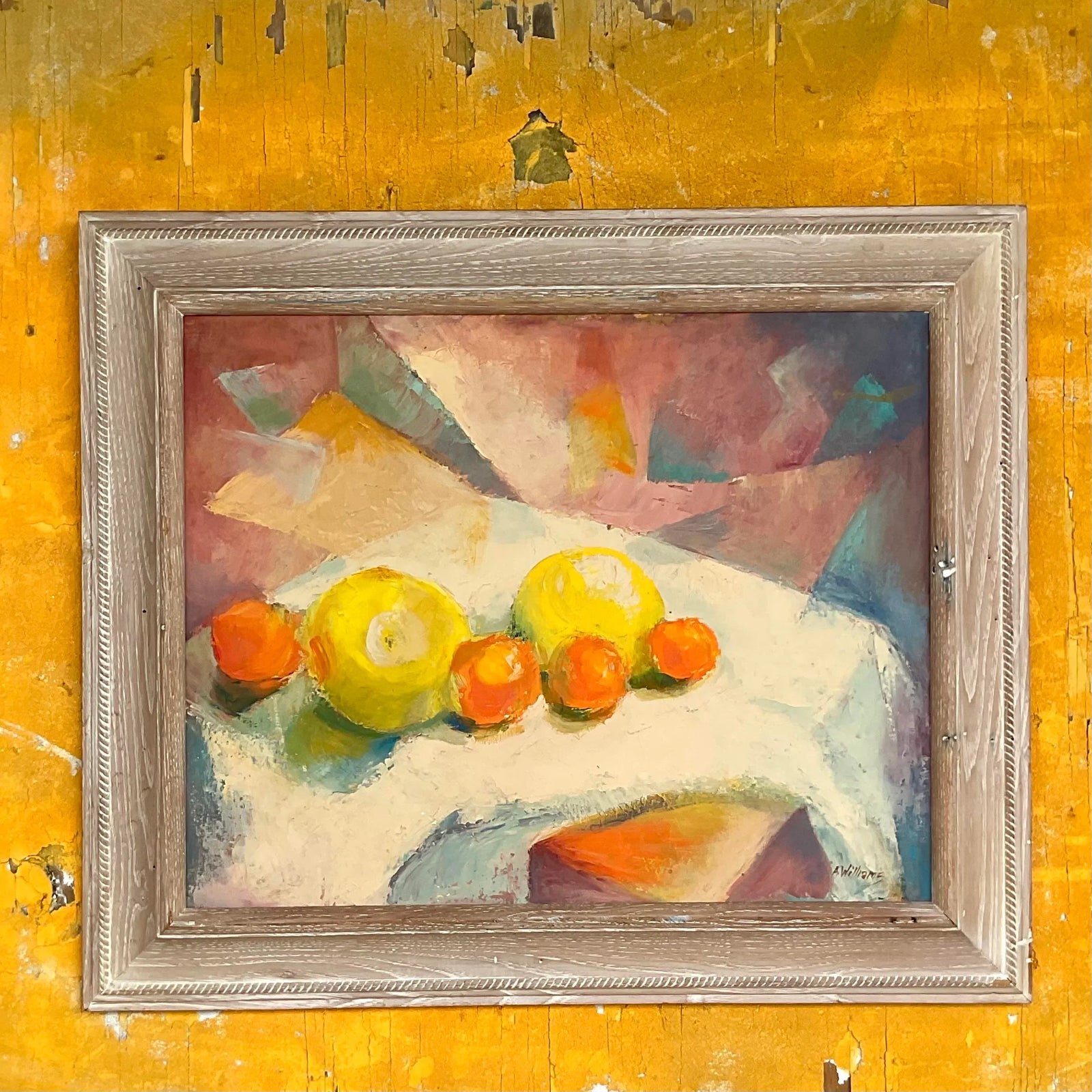 Vintage Boho Original Geometric Still Life Oil on Canvas - Side view