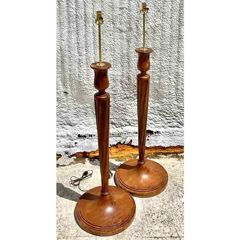 Vintage Regency Boho Candlestick Wood Floor Lamps - a Pair - Detail view