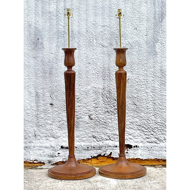 Vintage Regency Boho Candlestick Wood Floor Lamps - a Pair - Side view