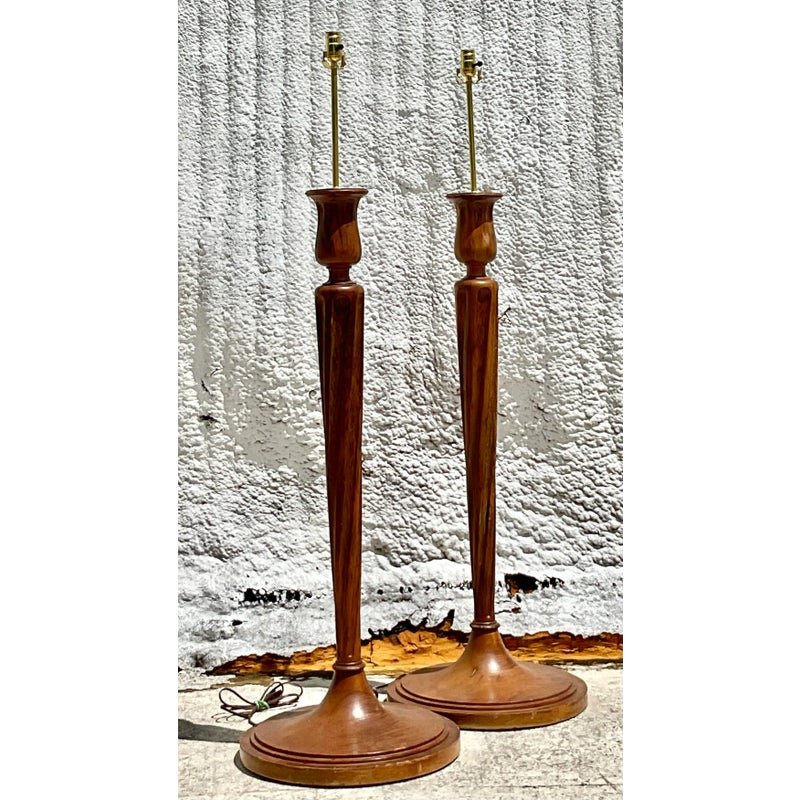 Vintage Regency Boho Candlestick Wood Floor Lamps - a Pair - Back view