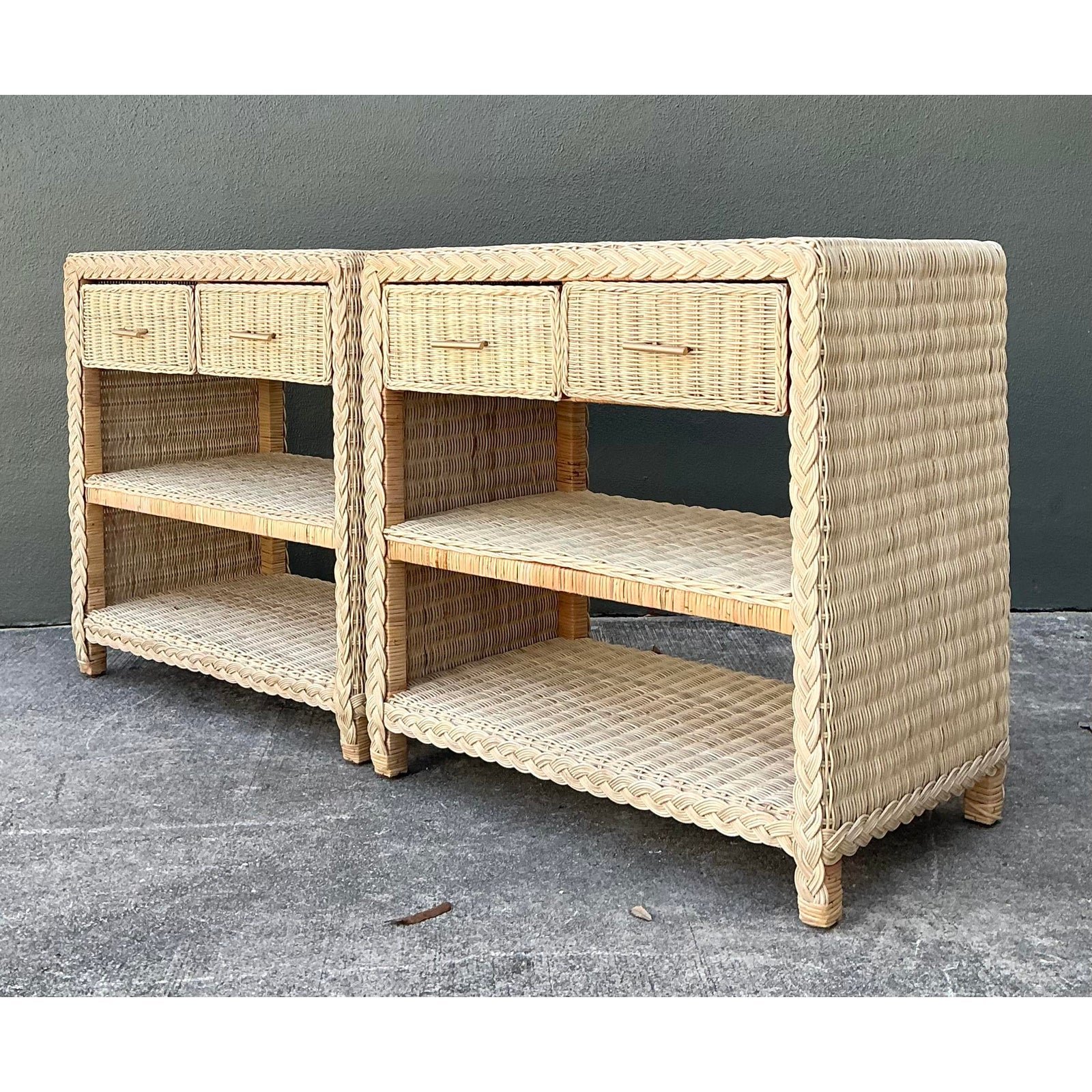 Vintage Braided Rattan Side Tables - A Pair - Top view