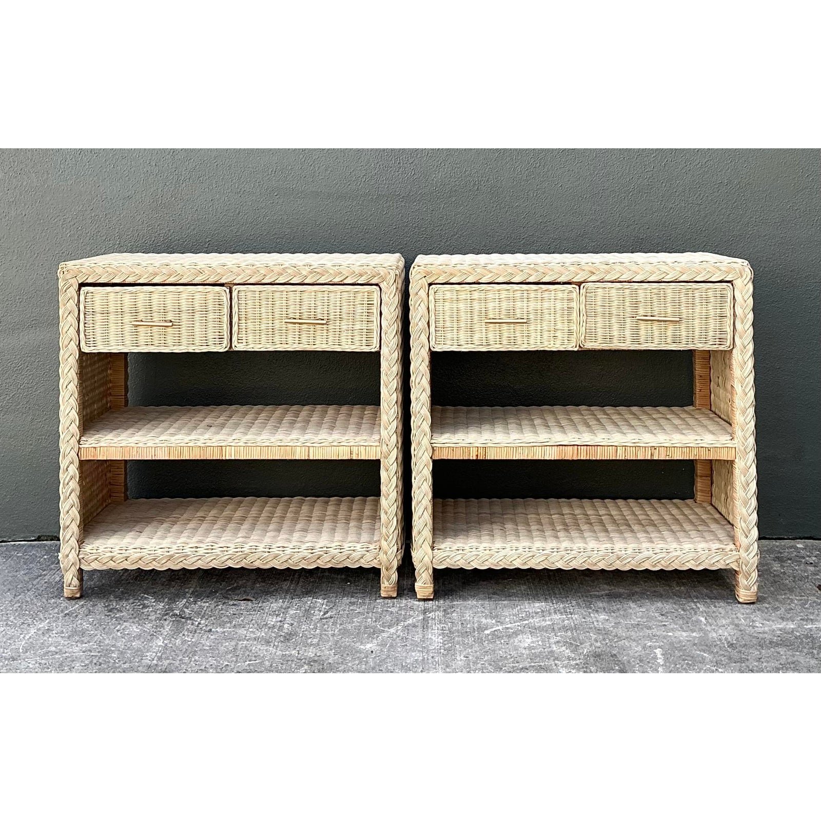 Vintage Braided Rattan Side Tables - A Pair - Back view