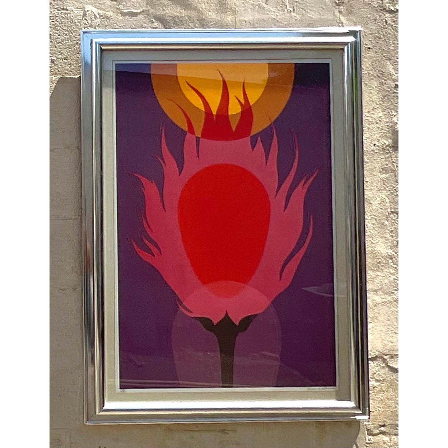 Vintage Boho 1977 Lithograph on Paper - Top view