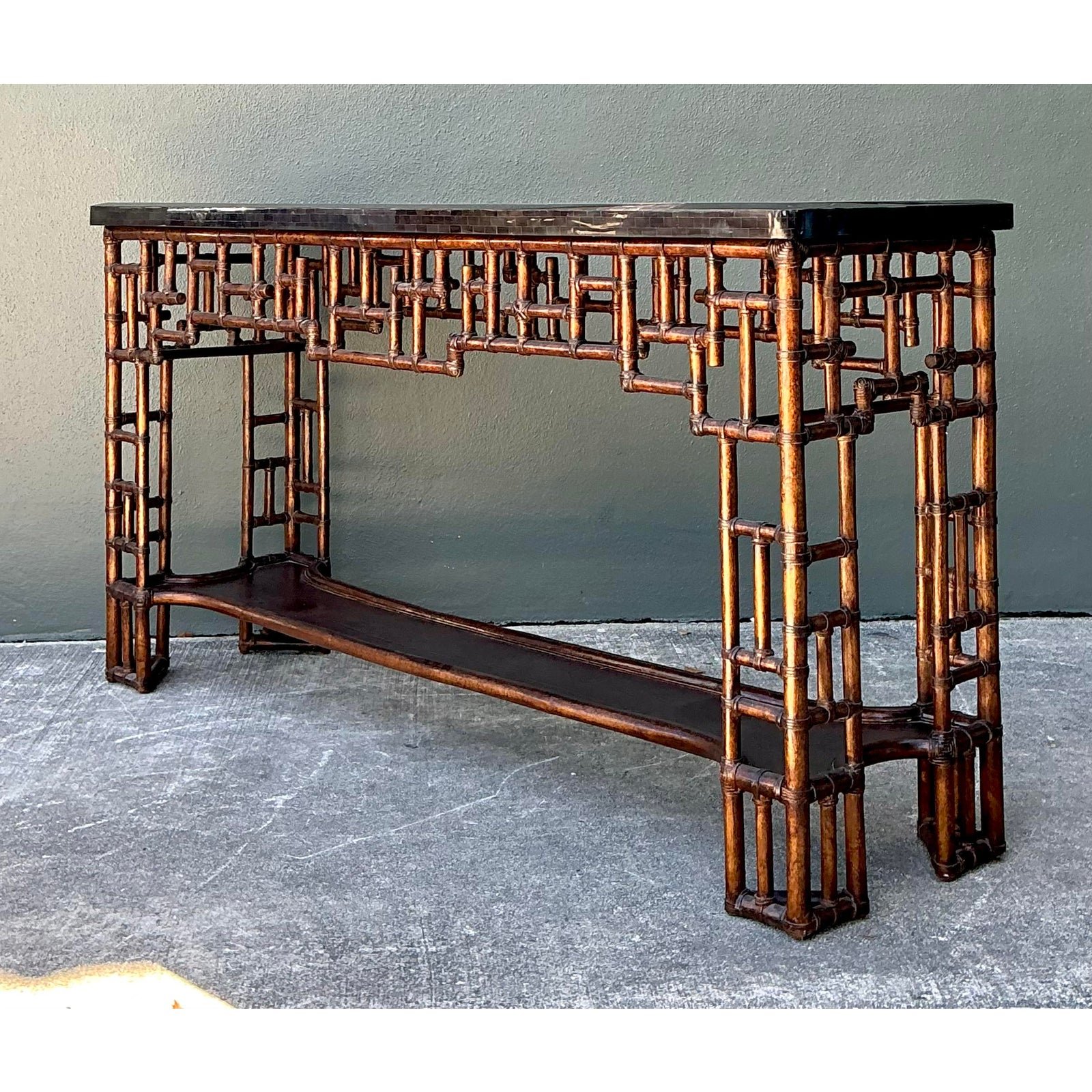 Vintage Lexington Fretwork Rattan Console Table - Detail view