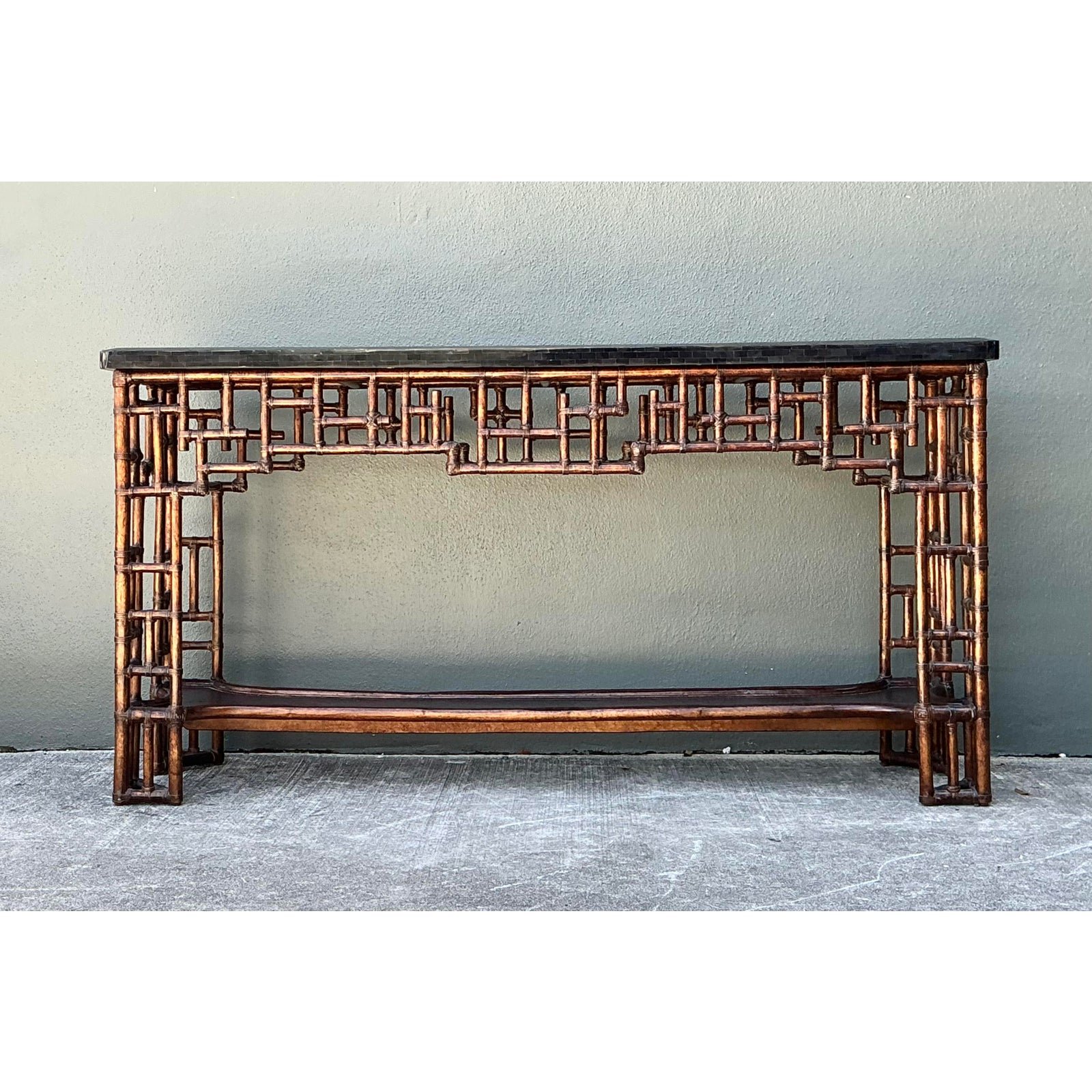 Vintage Lexington Fretwork Rattan Console Table - Back view
