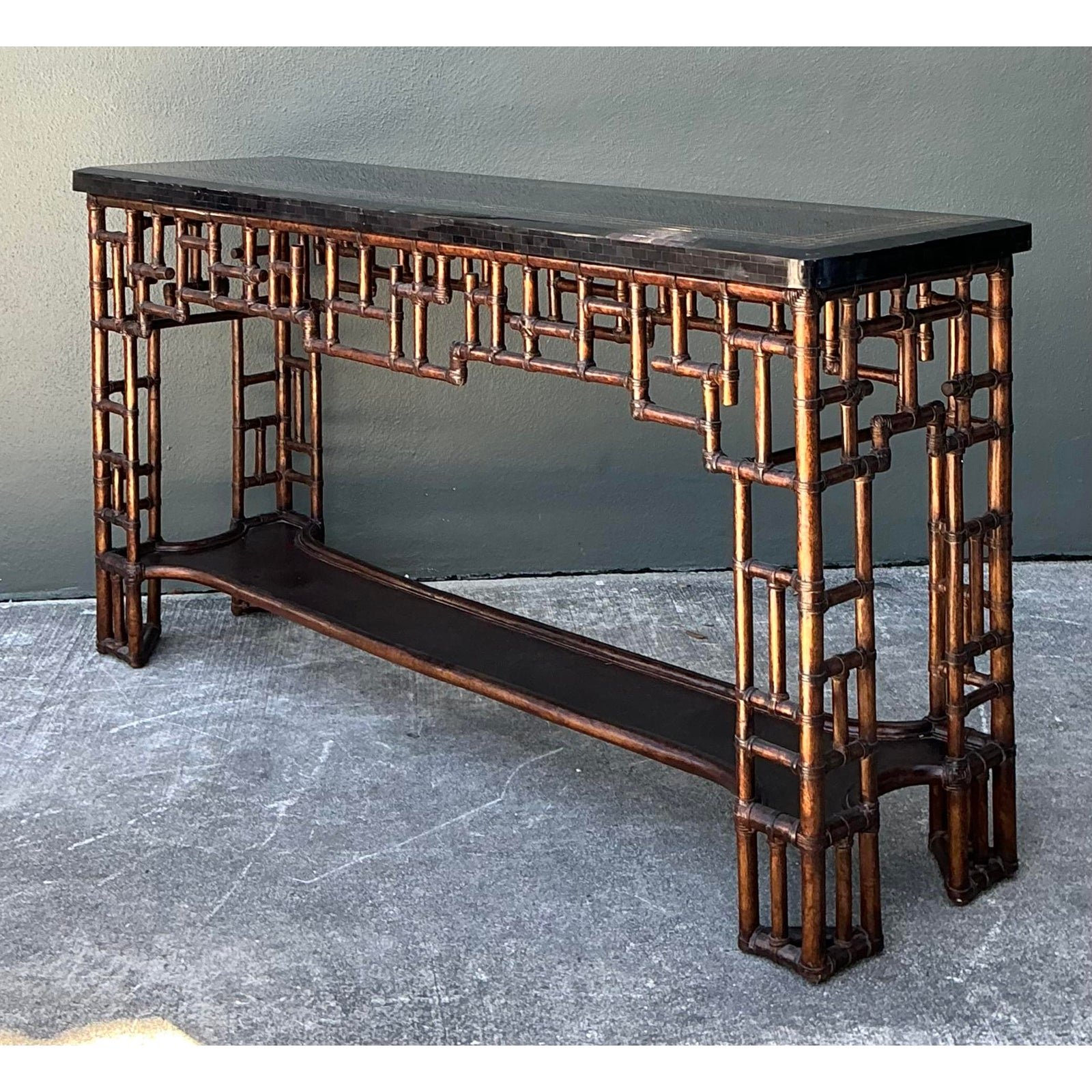 Vintage Lexington Fretwork Rattan Console Table - Side view