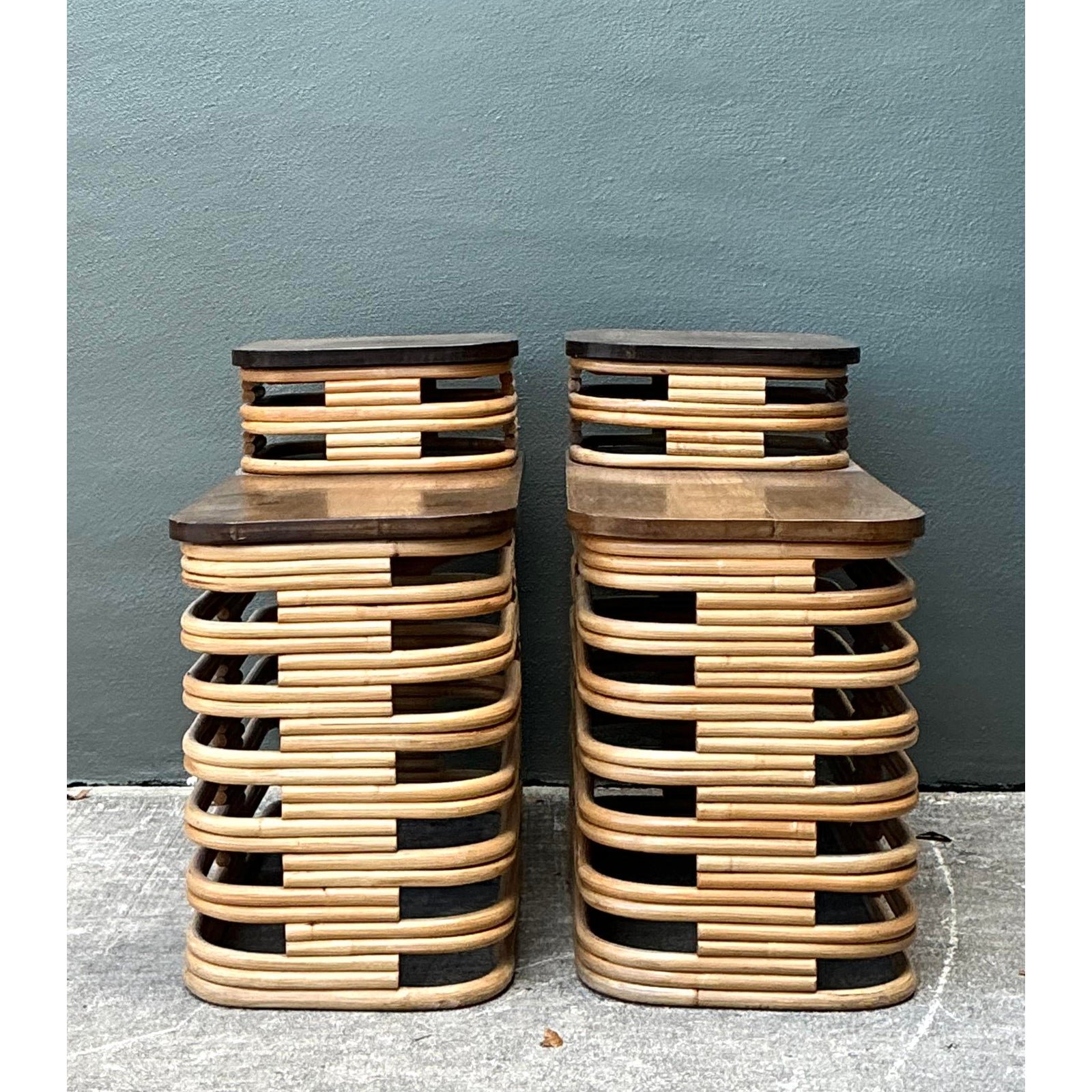 Vintage Stacked Rattan Side Tables After Frankl - A Pair - Back view