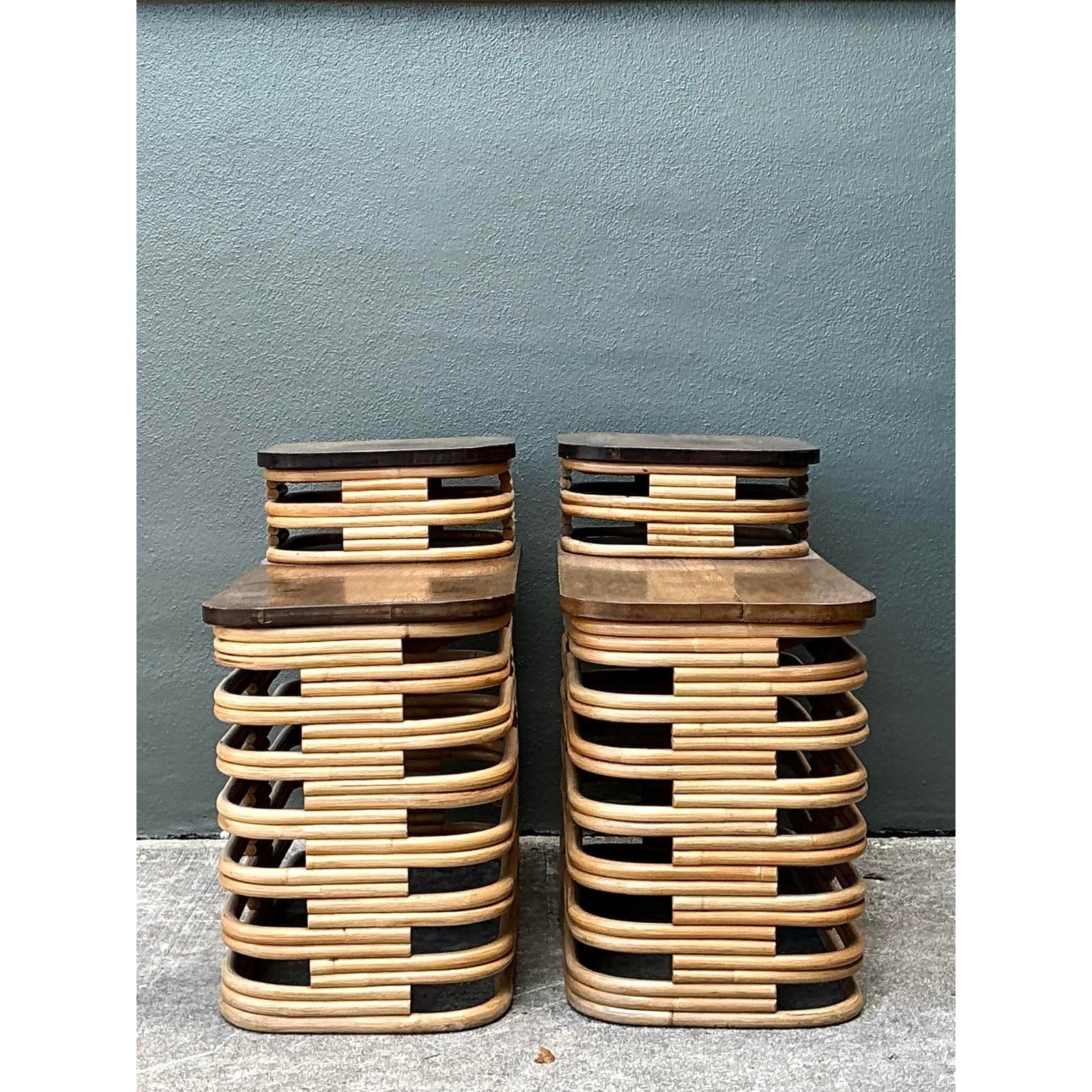 Vintage Stacked Rattan Side Tables After Frankl - A Pair - Top view