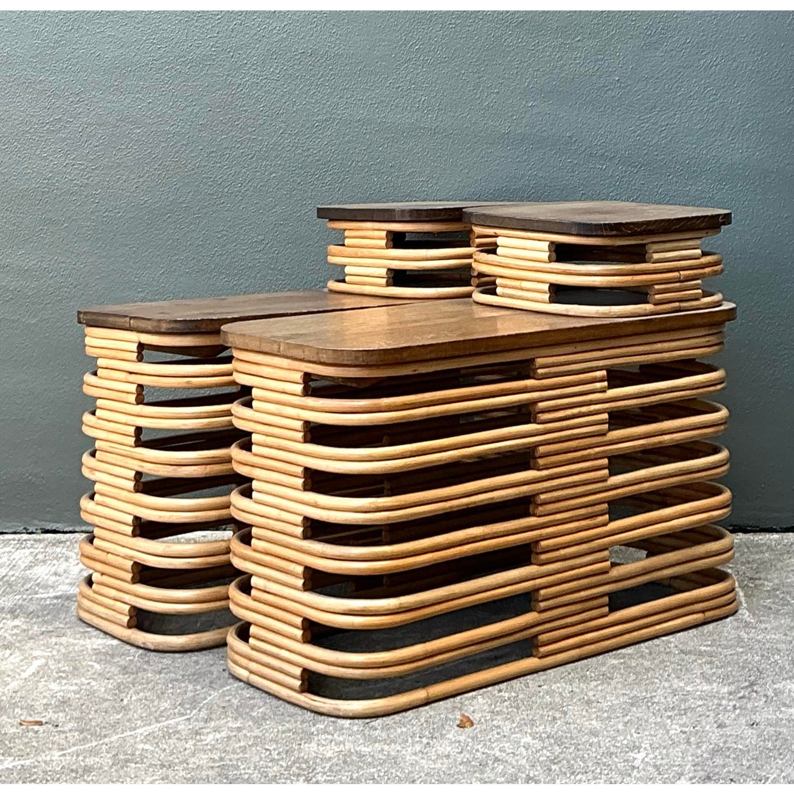 Vintage Stacked Rattan Side Tables After Frankl - A Pair - Side view