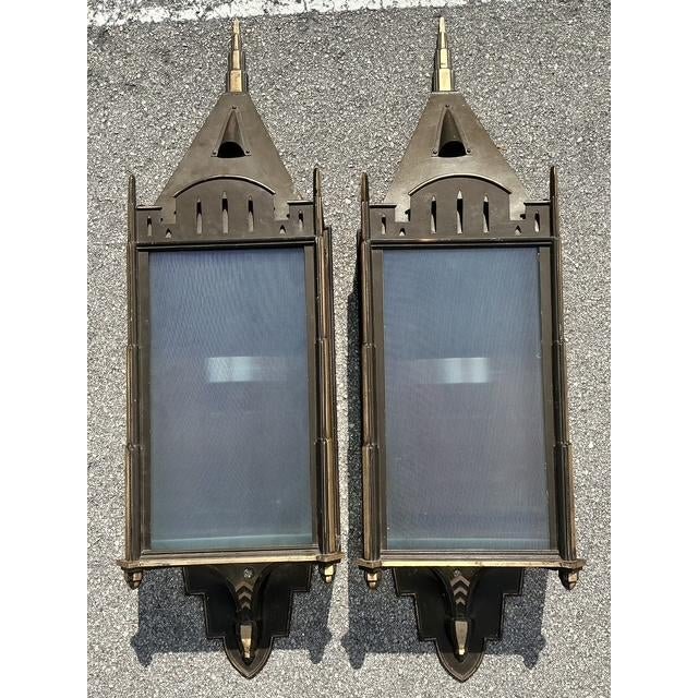 Vintage Monumental Patinated Copper Wall Sconce - A Pair - Top view