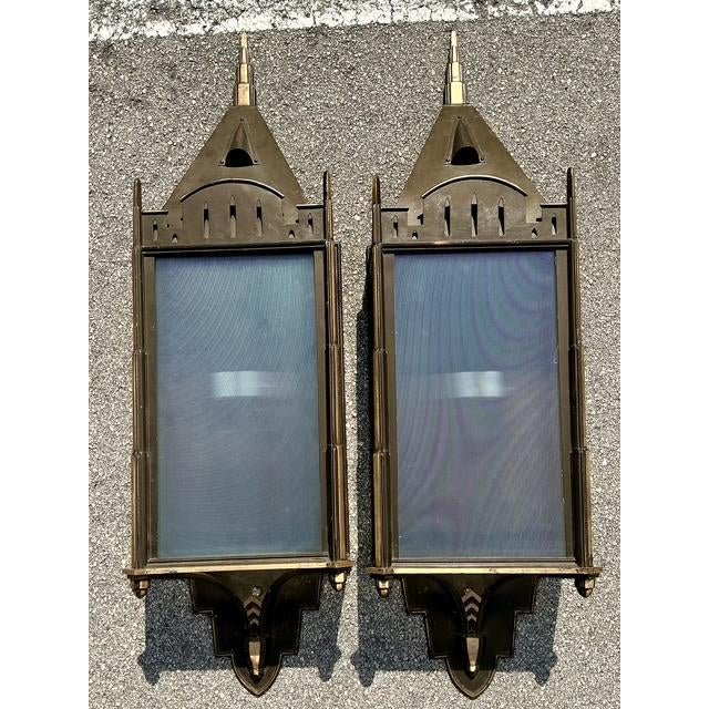 Vintage Monumental Patinated Copper Wall Sconce - A Pair - Detail view