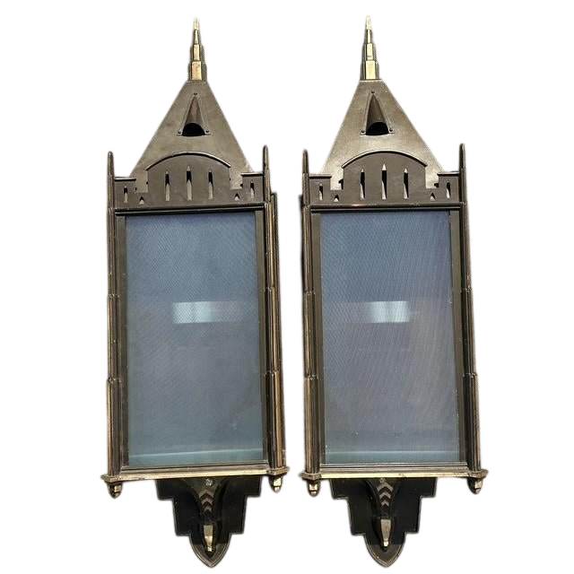 Vintage Monumental Patinated Copper Wall Sconce - A Pair