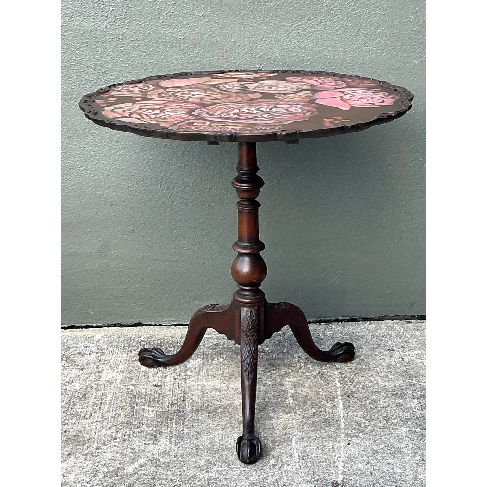 Vintage Hand Painted Pie Crust Side Table - Back view