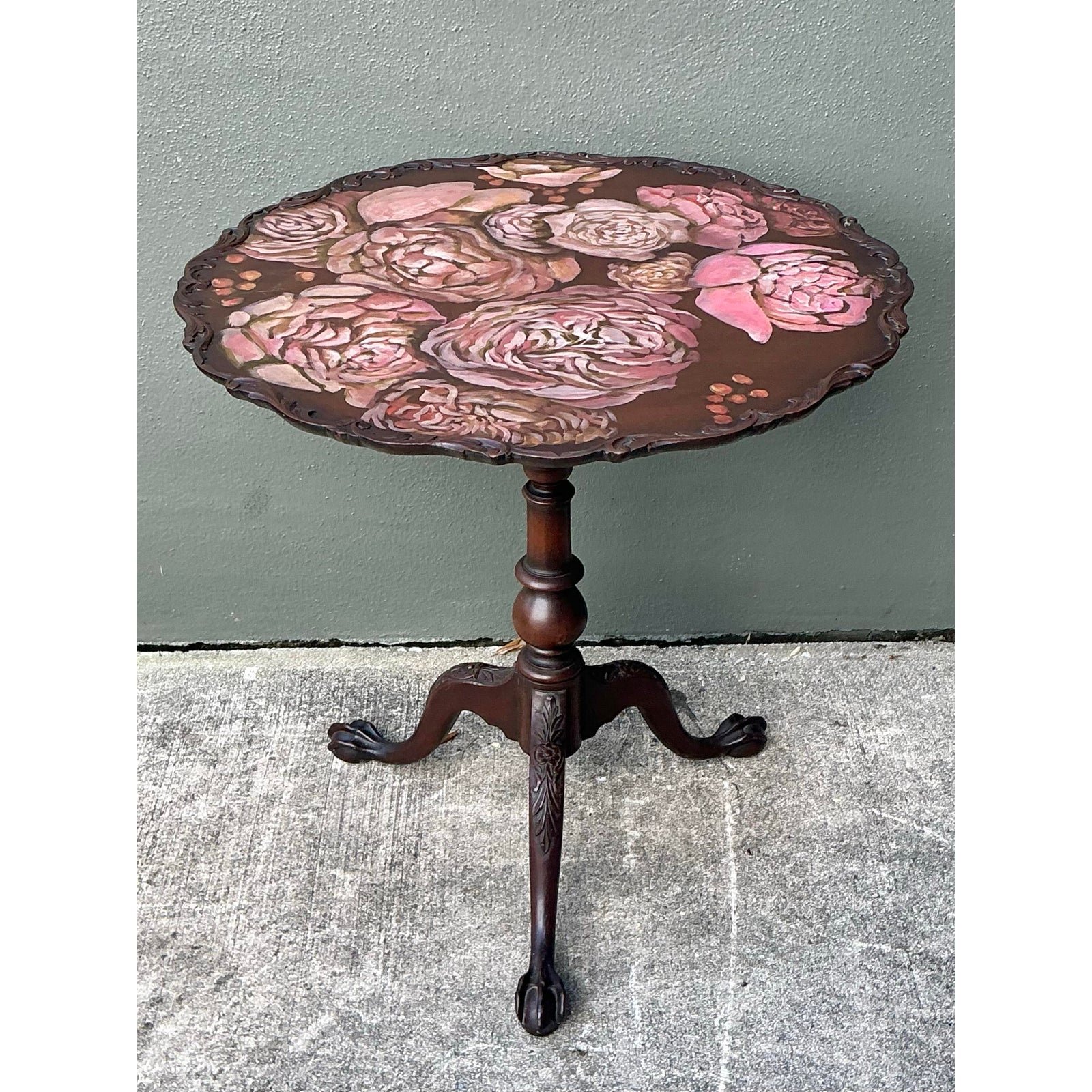 Vintage Hand Painted Pie Crust Side Table - Top view