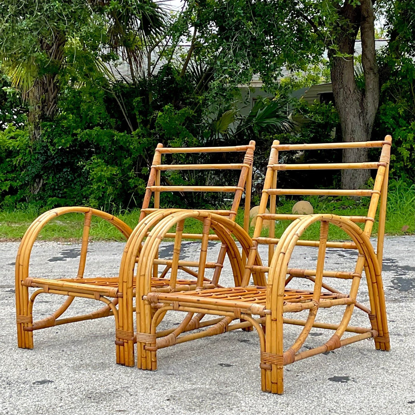 Vintage Coastal Bent Bamboo Arch Lounge Chairs - a Pair - Detail view