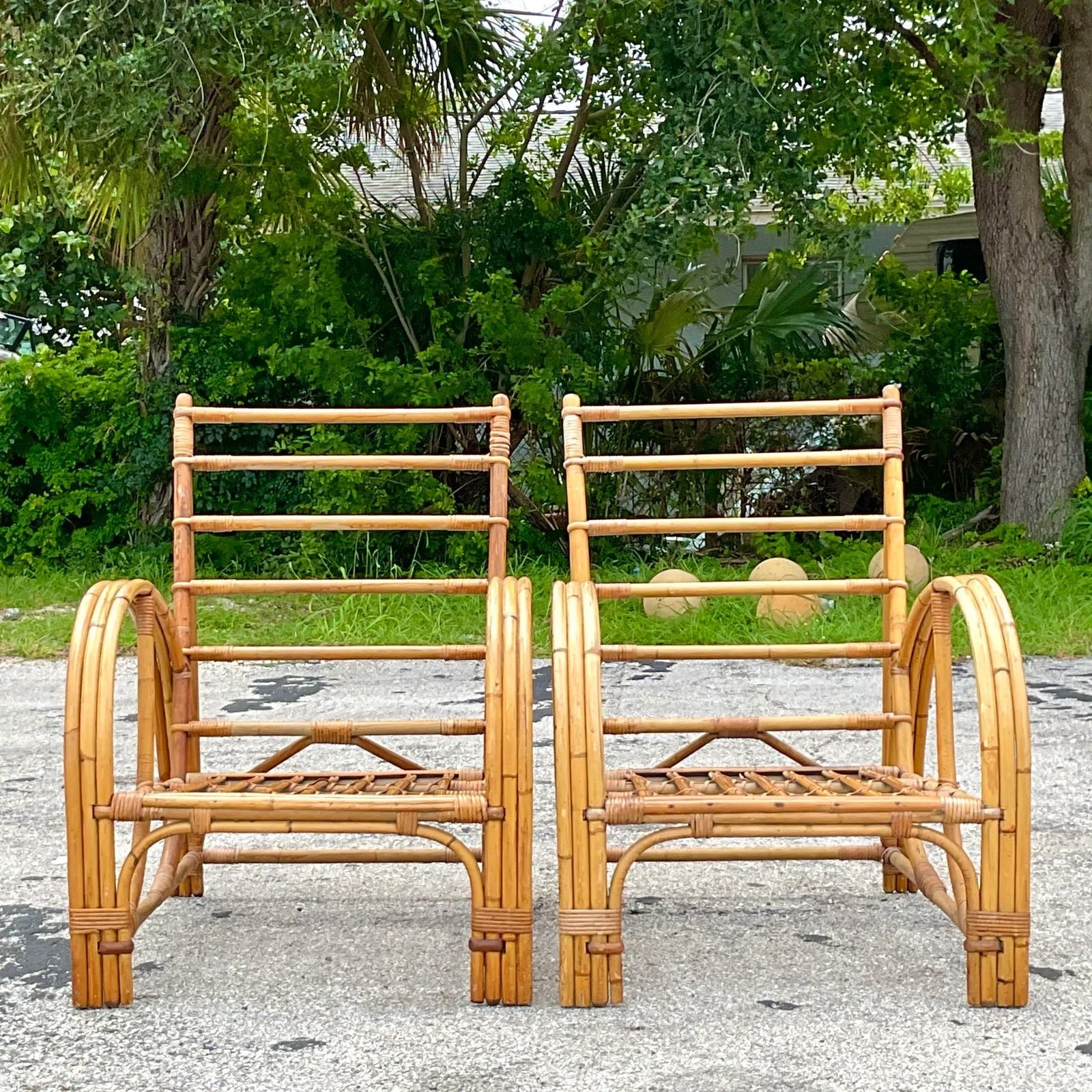 Vintage Coastal Bent Bamboo Arch Lounge Chairs - a Pair - Side view