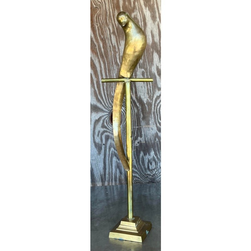 Vintage Boho Brass Bird on a Perch - Back view