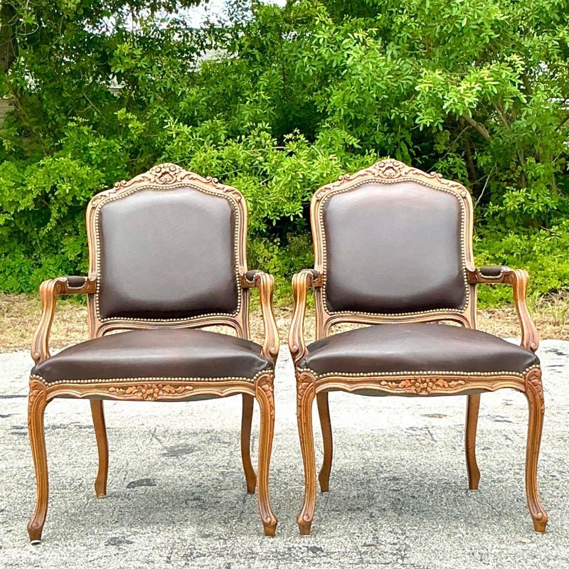 Vintage Italian Regency Leather Fauteiul Chairs - a Pair - Back view