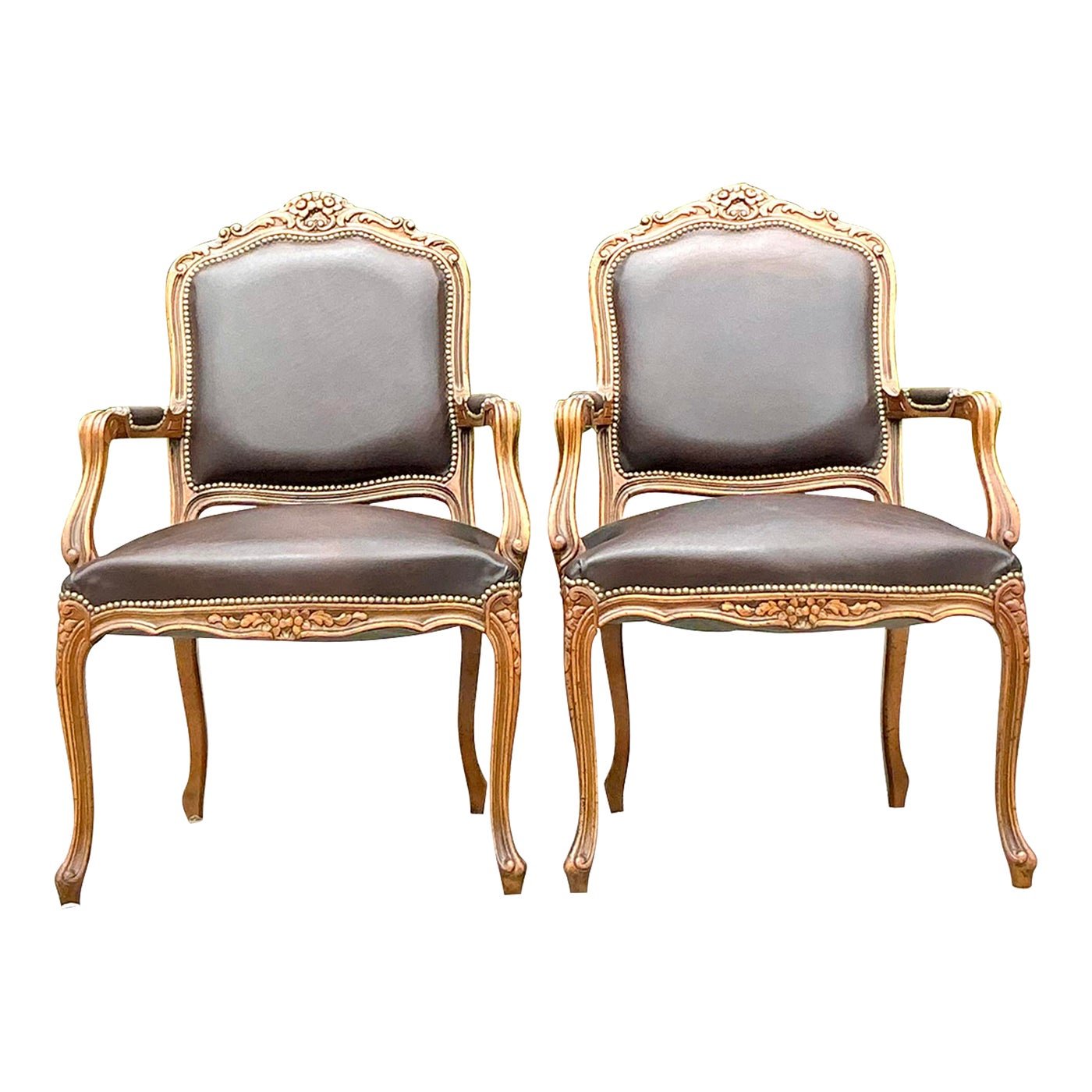 Vintage Italian Regency Leather Fauteiul Chairs - a Pair