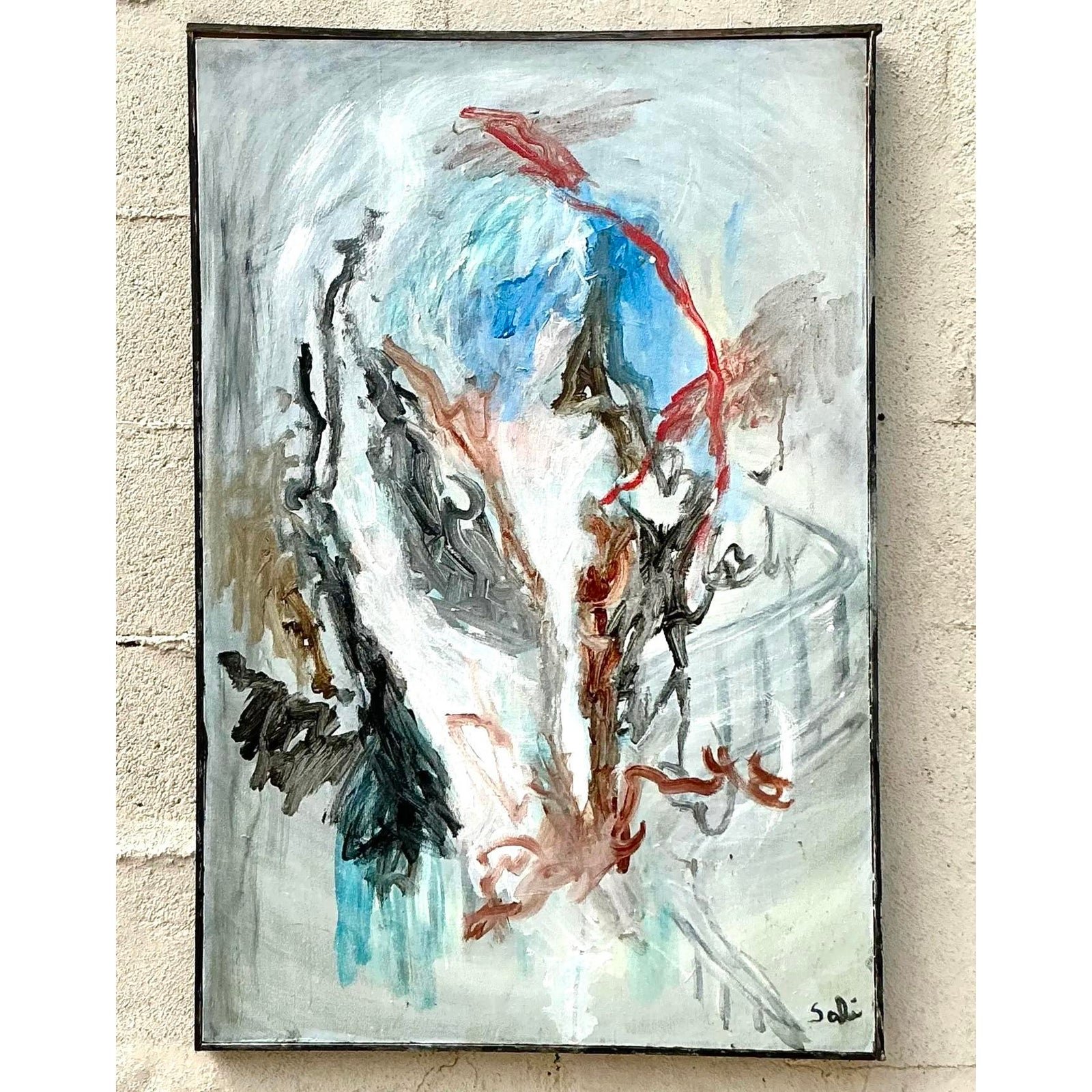 Vintage Boho Original Abstract Oil Painting on Canvas - Top view