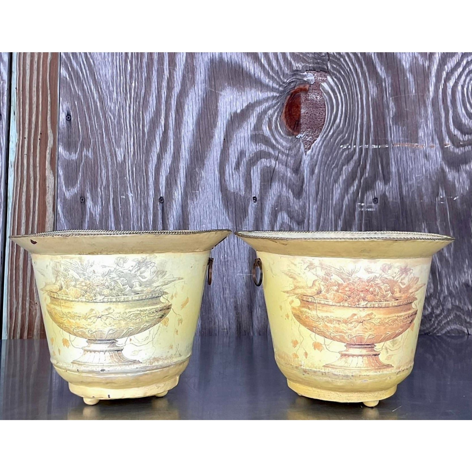 Vintage French Toile Metal Cache Pots - a Pair - Side view