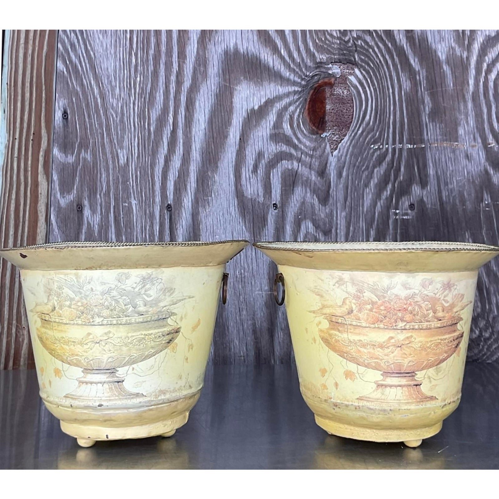 Vintage French Toile Metal Cache Pots - a Pair - Back view