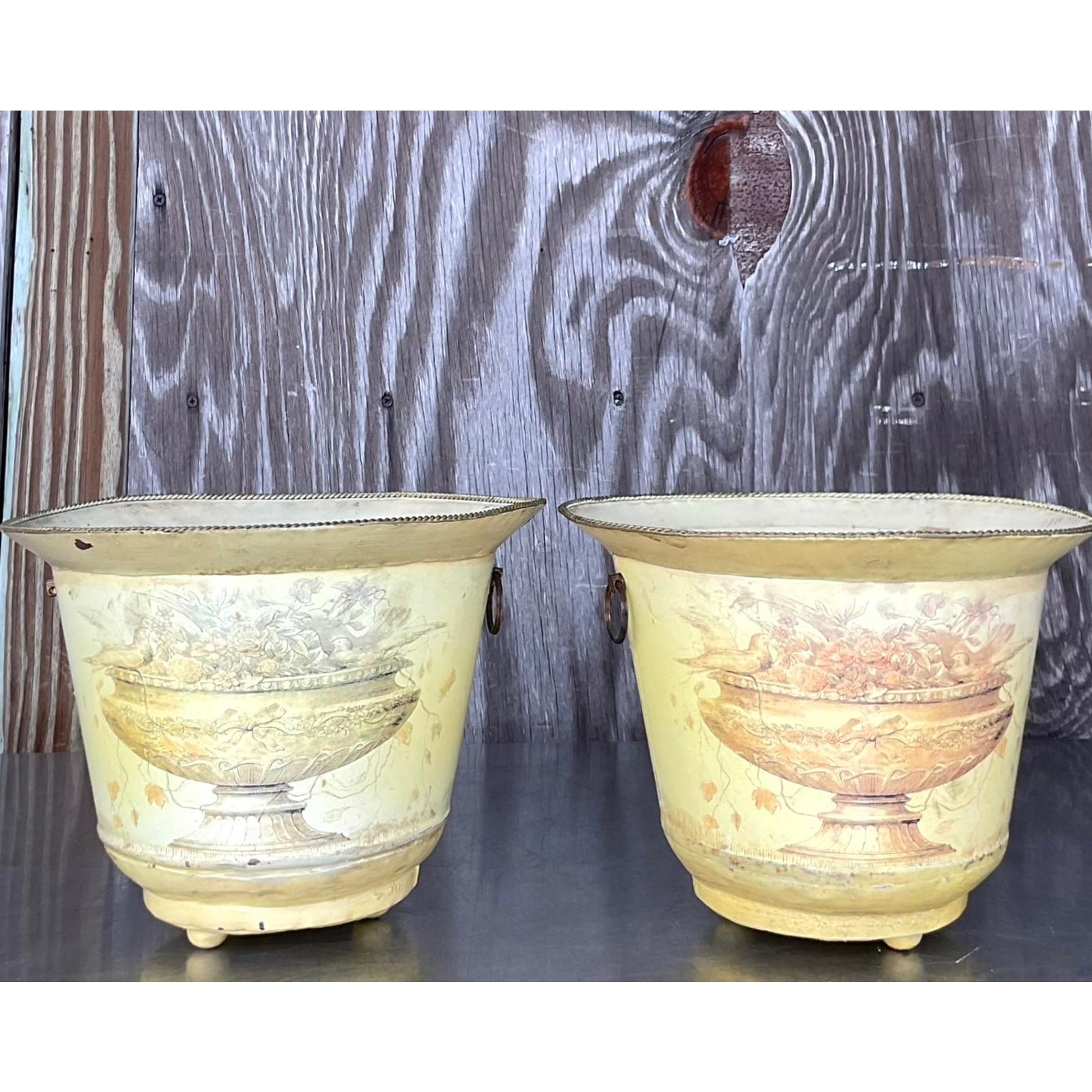 Vintage French Toile Metal Cache Pots - a Pair - Detail view