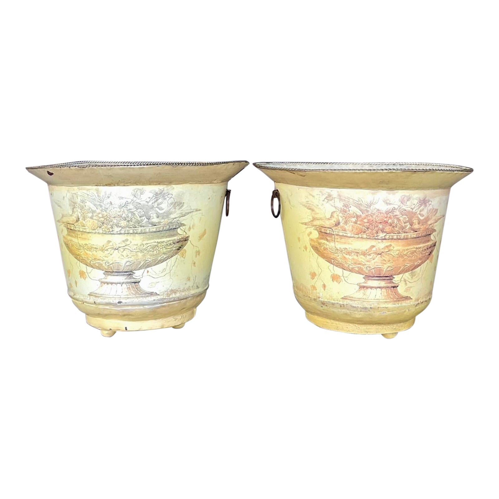 Vintage French Toile Metal Cache Pots - a Pair