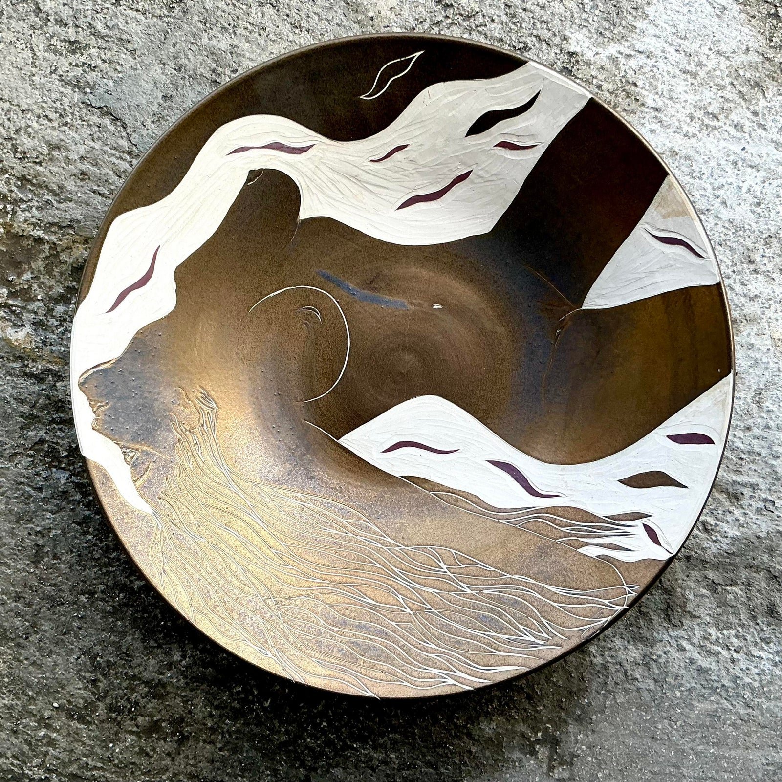 Vintage Boho Hand Painted Nude Ceramic Bowl - Side view