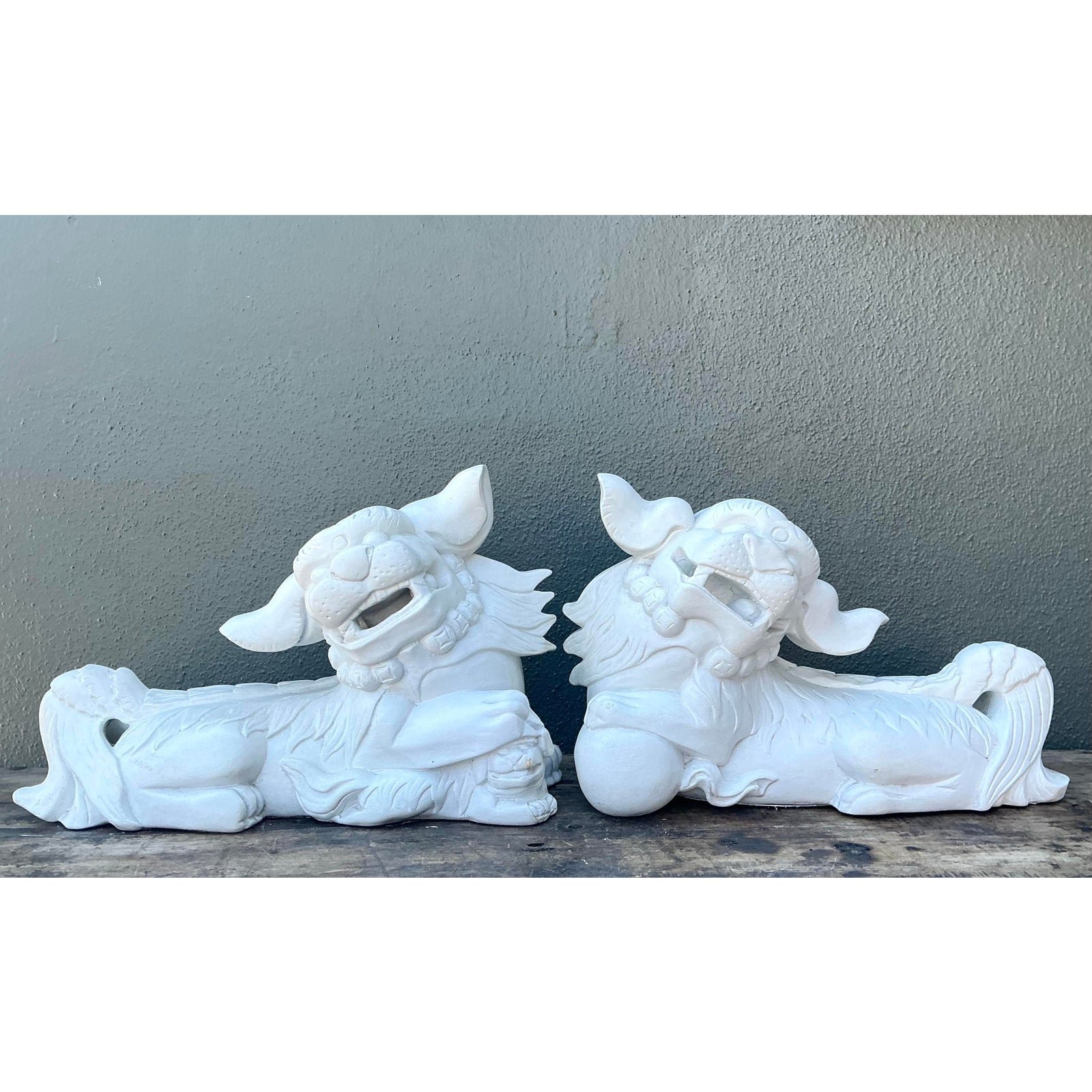 Vintage Cast Concrete Foo Dogs - Set of 2 - Side view