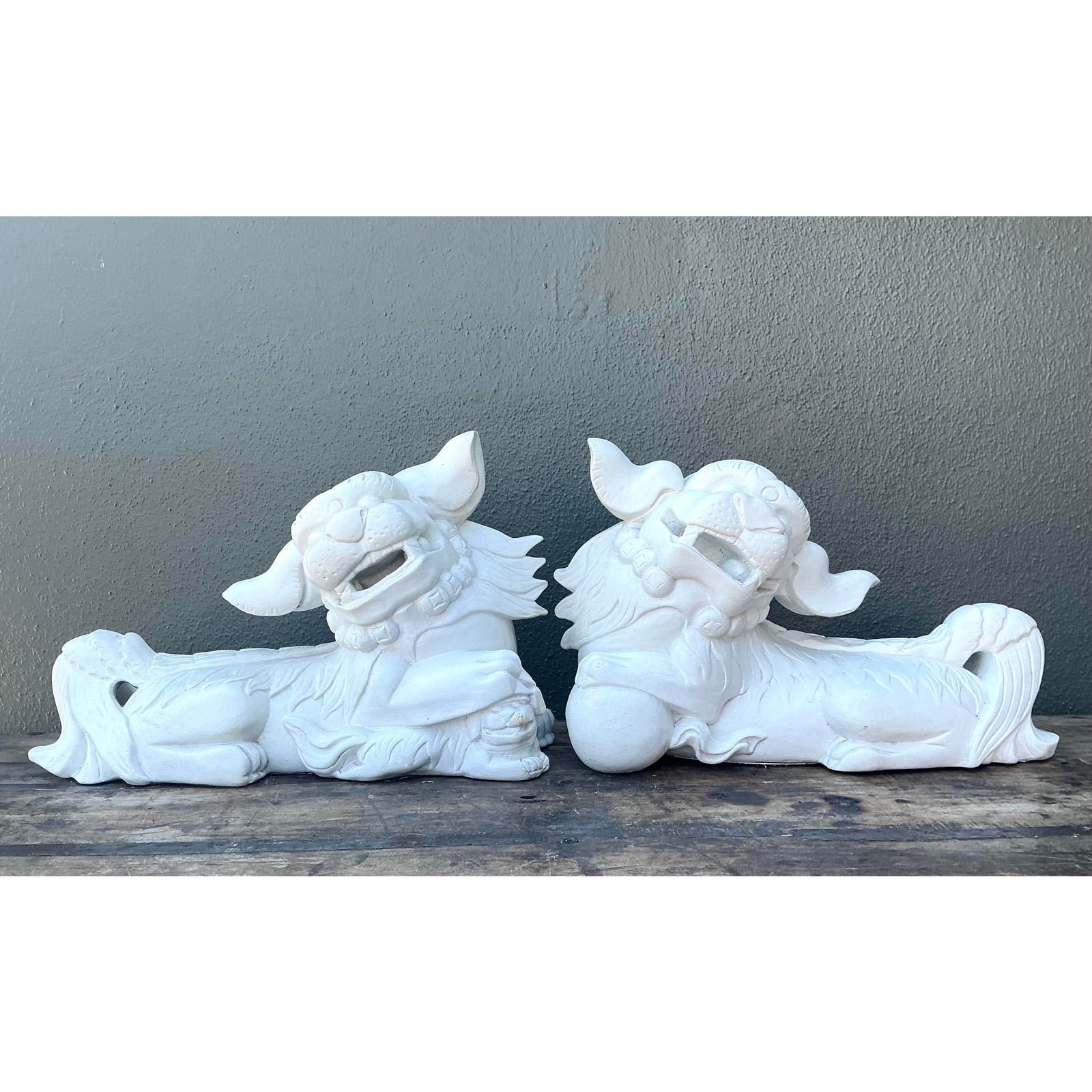 Vintage Cast Concrete Foo Dogs - Set of 2 - Back view