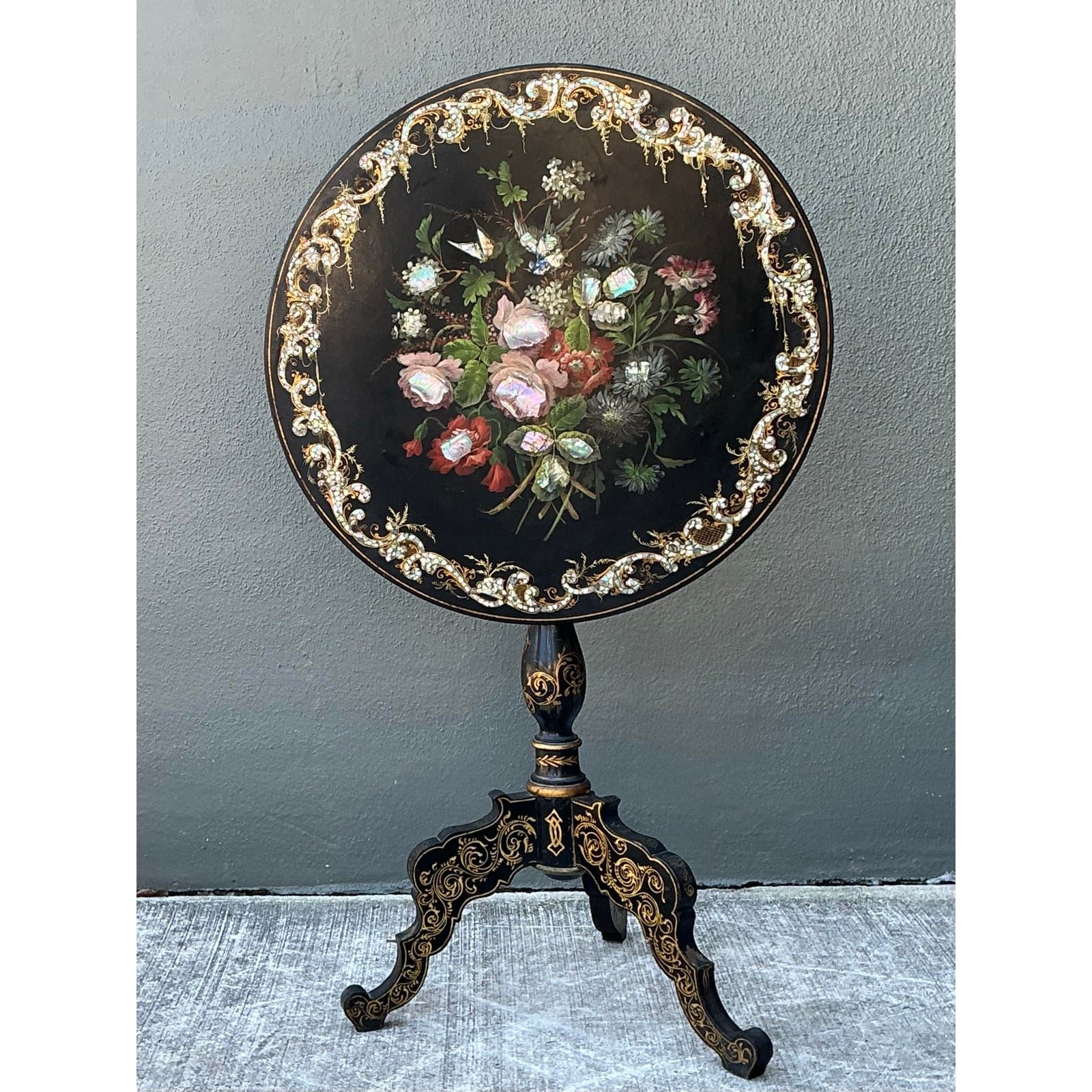 Vintage Mother of Pearl Inlay Tilt Top Table - Back view