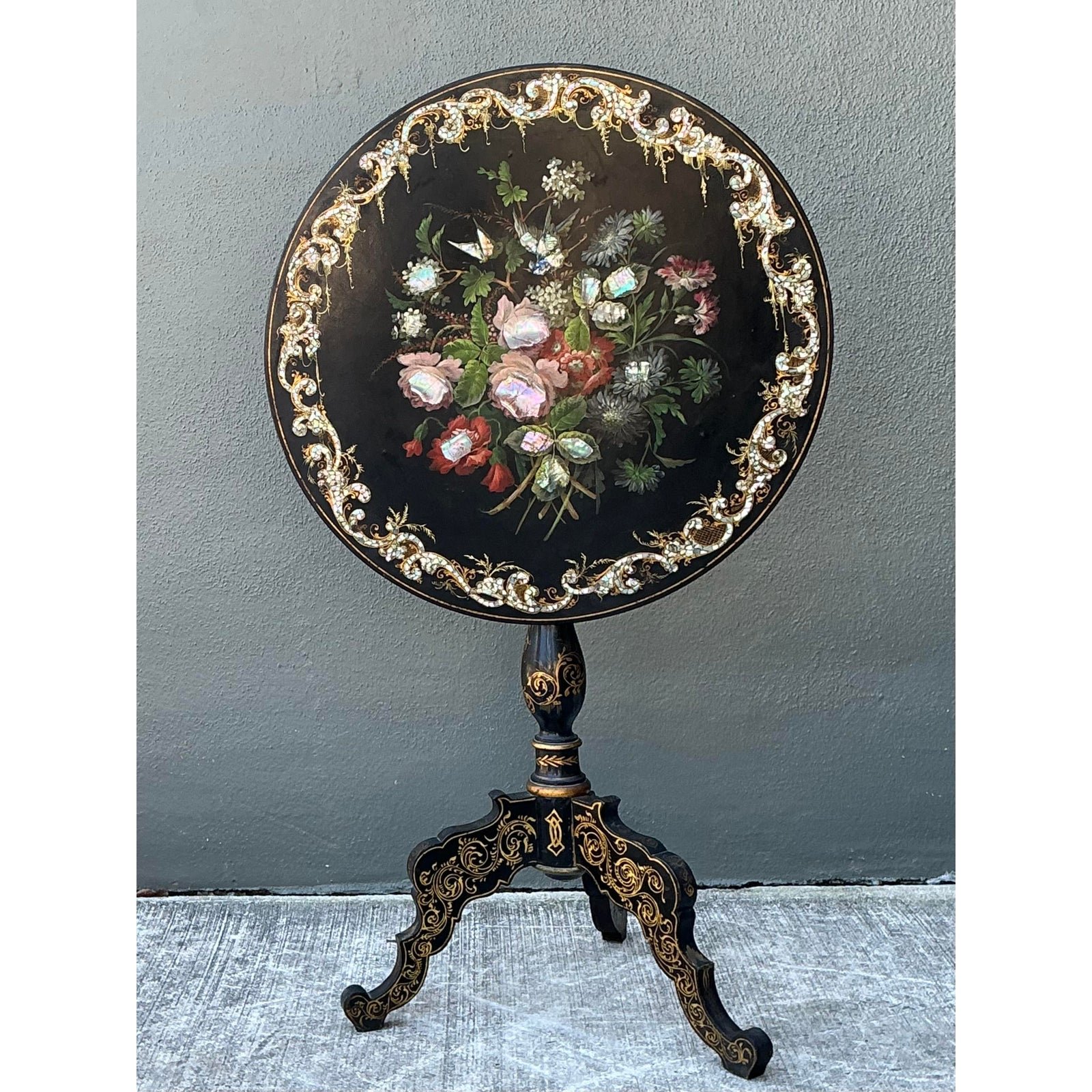 Vintage Mother of Pearl Inlay Tilt Top Table - Side view
