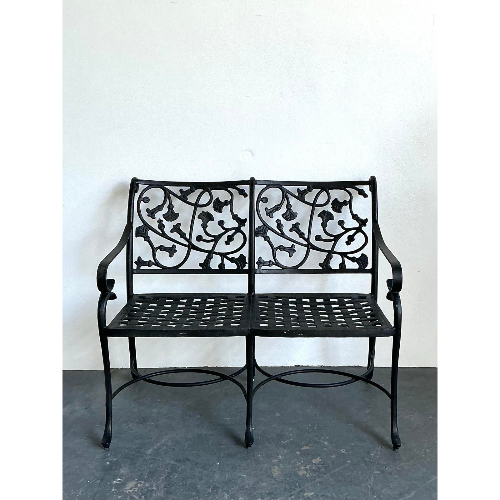 Vintage Wrought Iron Ivy Bench - Side view
