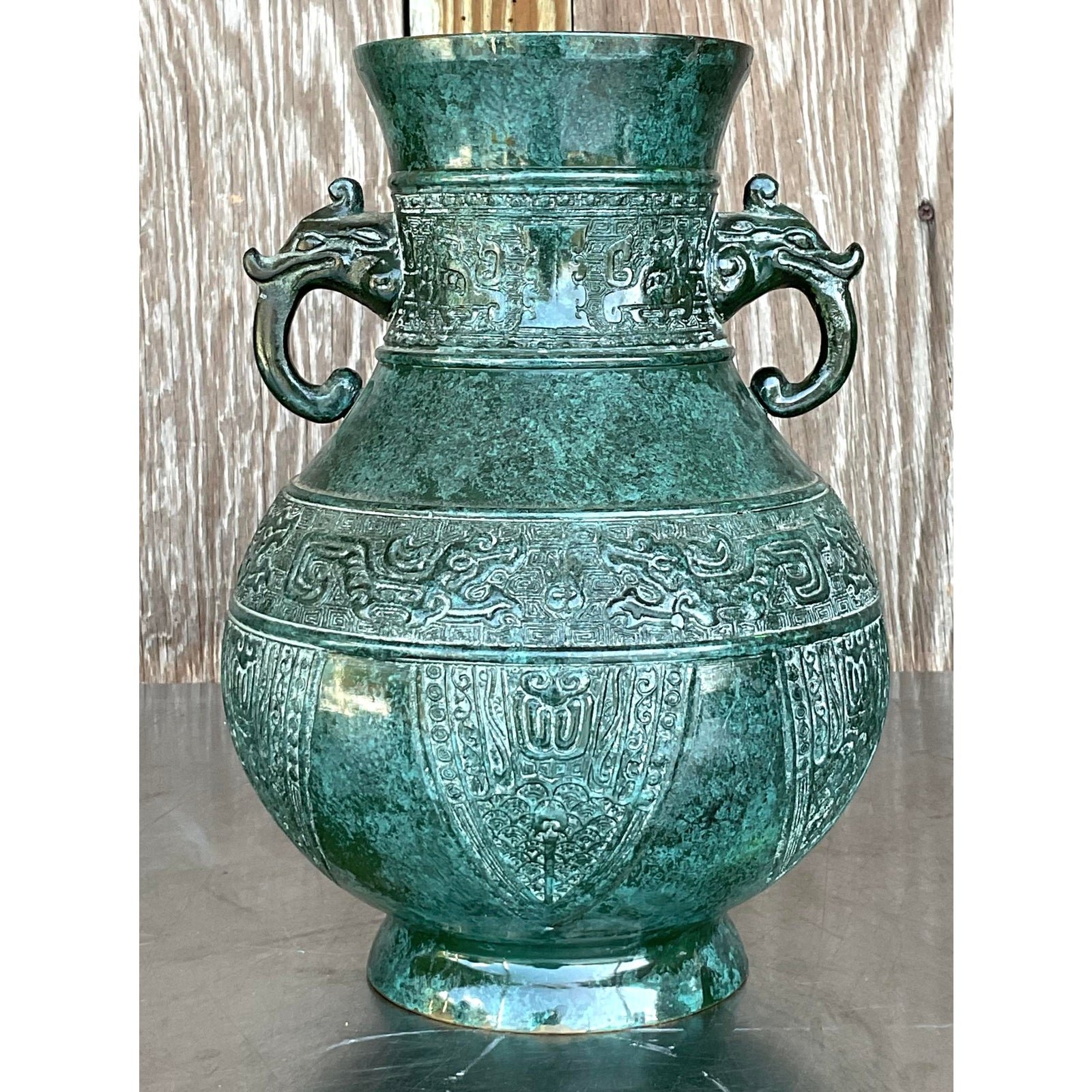 Vintage Boho Double Elephant Patinated Metal Vase - Detail view
