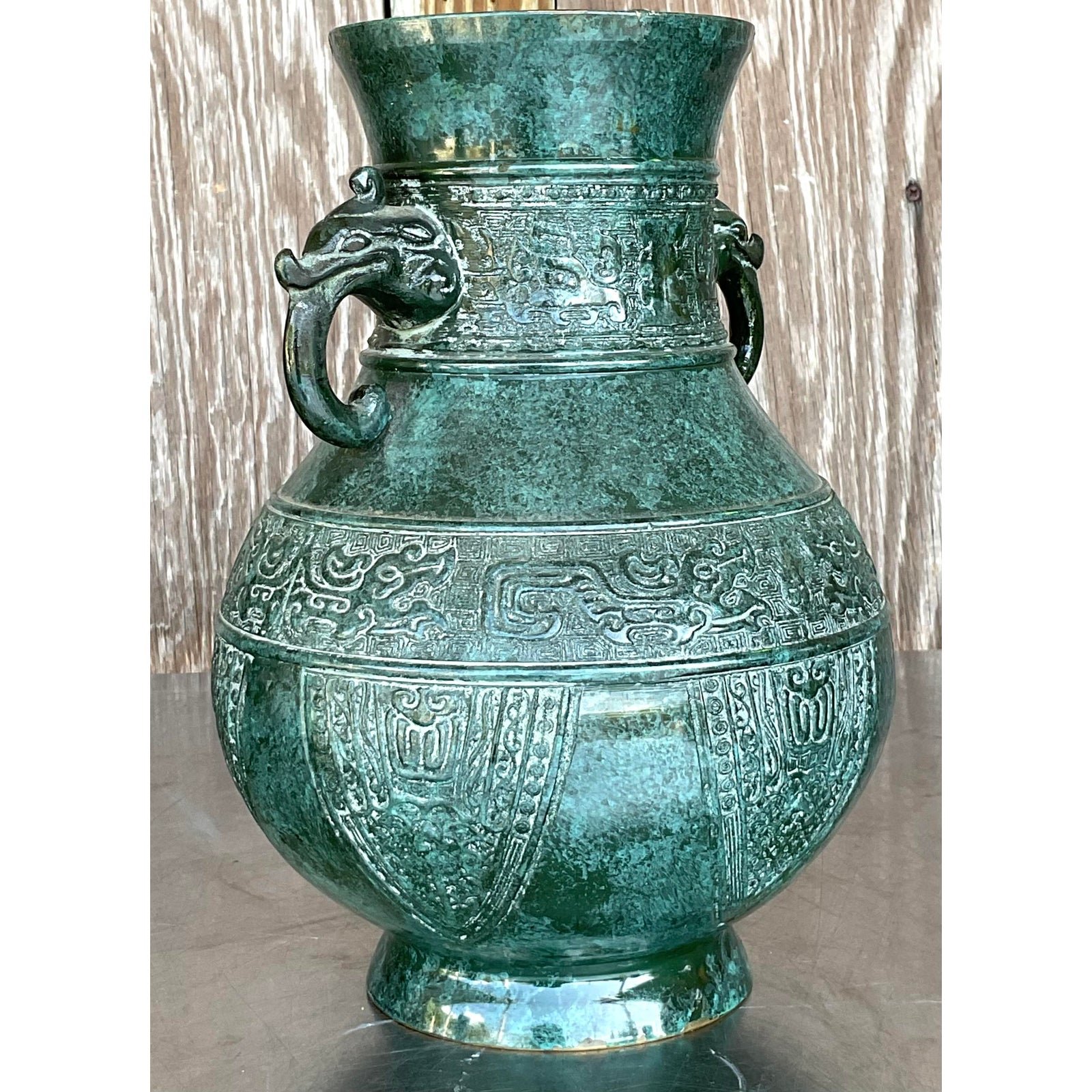 Vintage Boho Double Elephant Patinated Metal Vase - Back view