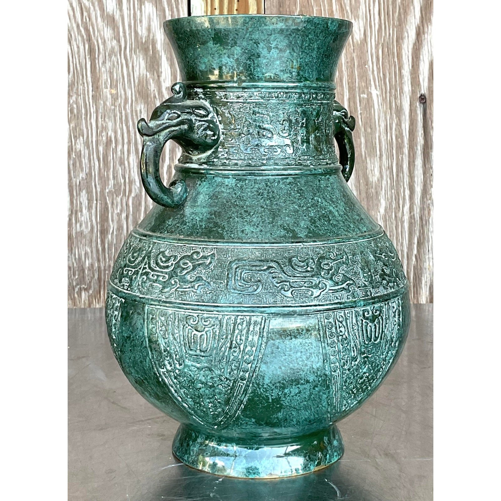 Vintage Boho Double Elephant Patinated Metal Vase - Top view