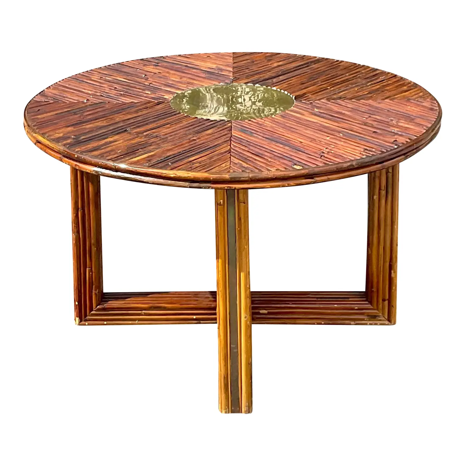 1970s Vintage Coastal Rattan and Brass Dining Table After Vivai Del Sud