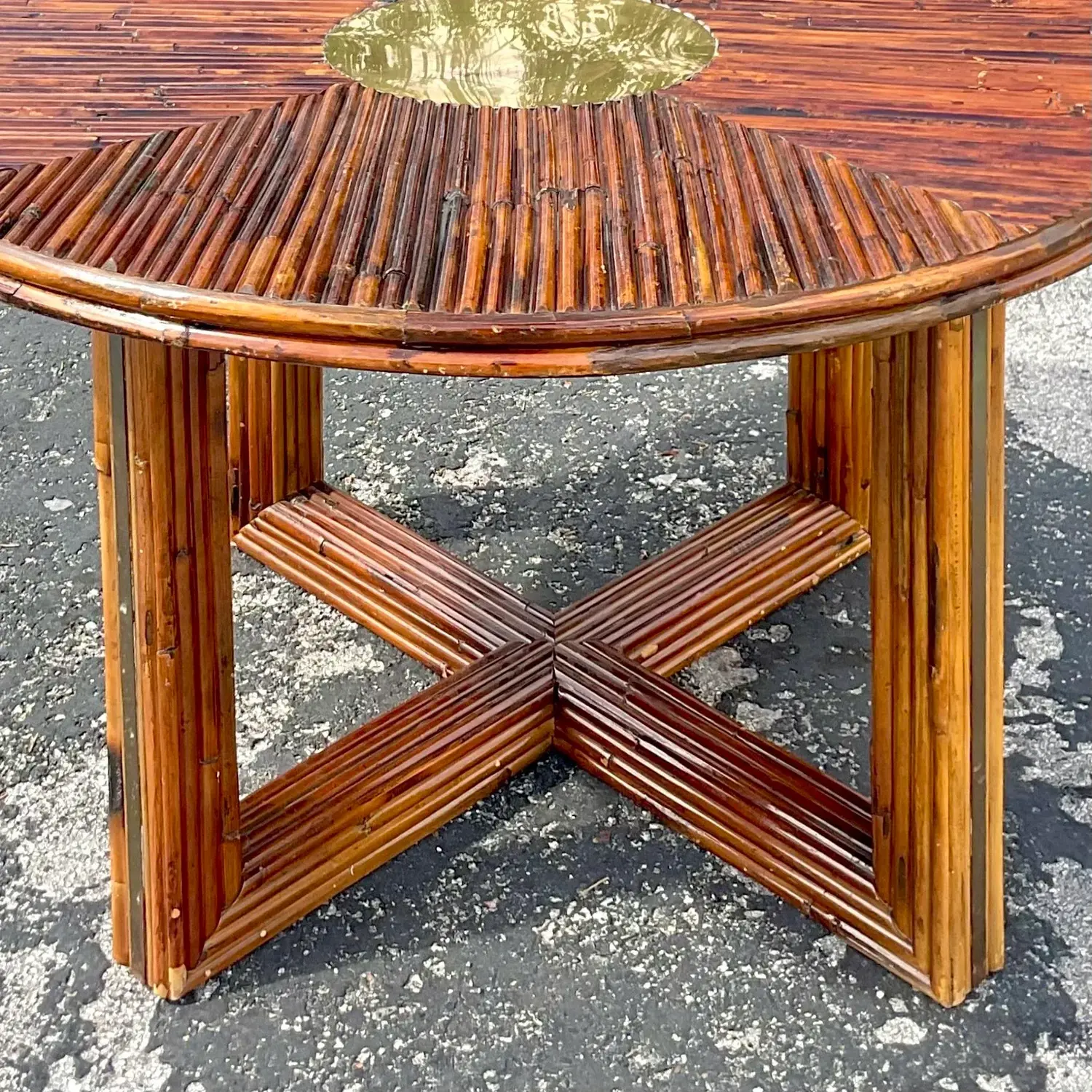 1970s Vintage Coastal Rattan and Brass Dining Table After Vivai Del Sud - Side view