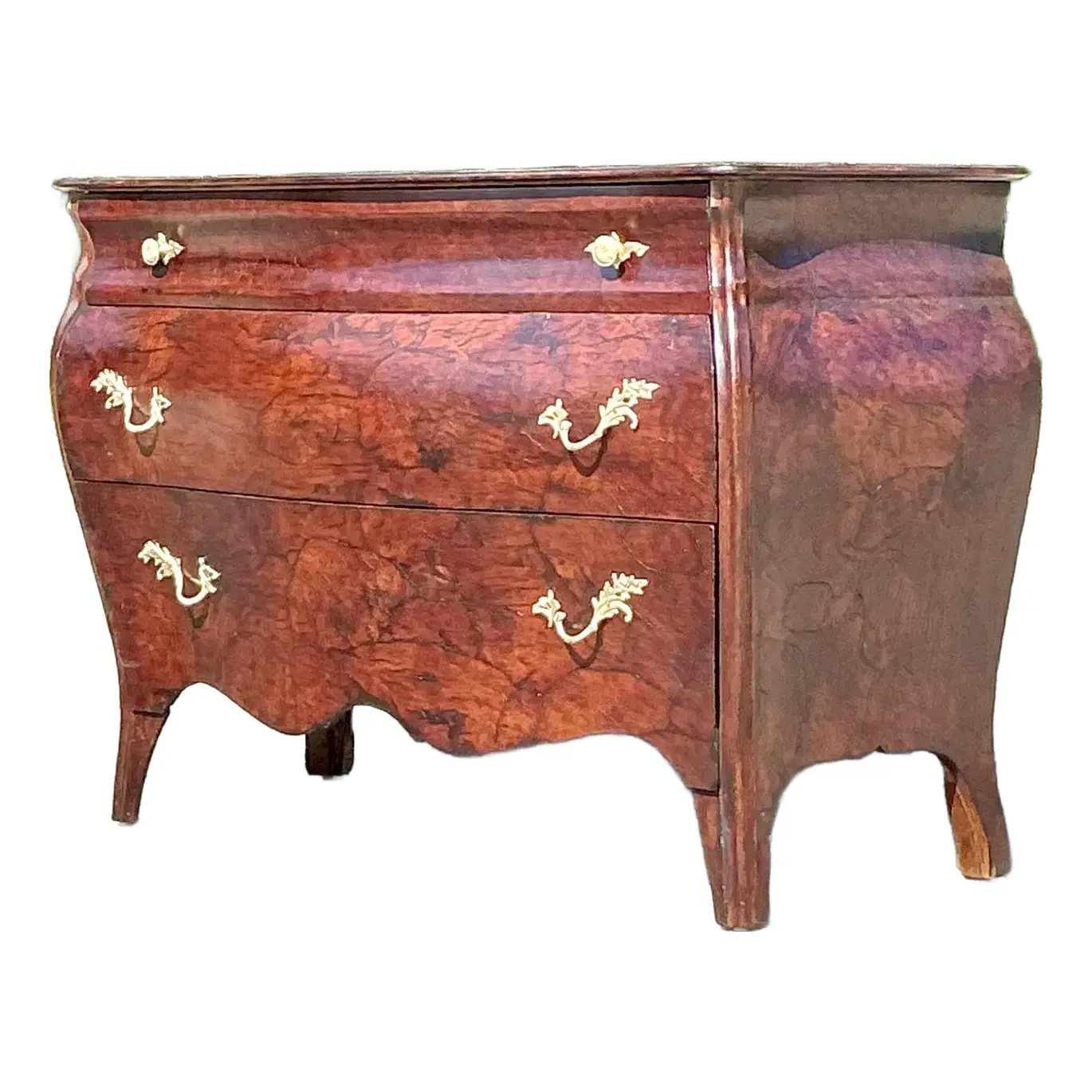 1970s Vintage Regency Olive Burl Wood Bombe Chest