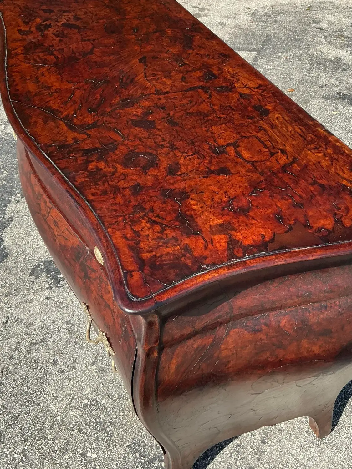 1970s Vintage Regency Olive Burl Wood Bombe Chest - Back view