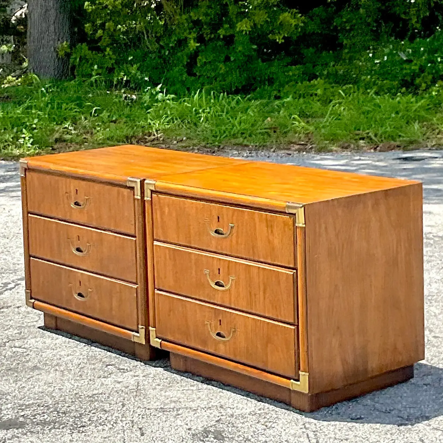 1980s Vintage Boho Drexel Campaign Nightstands - a Pair - Back view